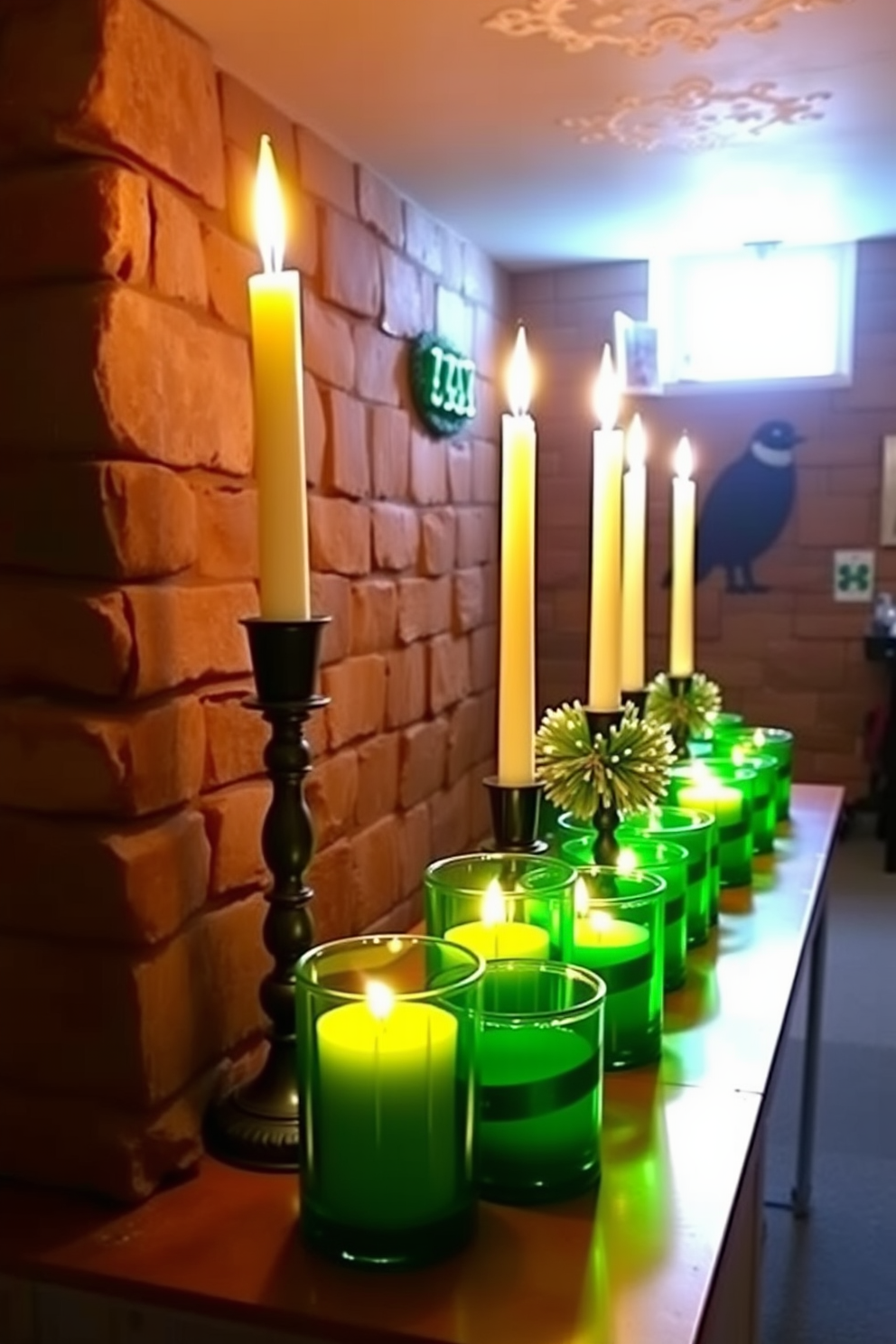 A cozy basement setting adorned with festive candles in green holders. The warm glow of the candles creates an inviting atmosphere, perfect for celebrating St. Patrick's Day.