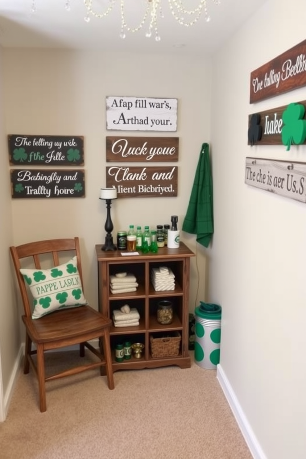 Create a cozy basement space decorated for St. Patrick's Day. Wooden signs featuring charming Irish sayings adorn the walls, adding a touch of cultural warmth to the atmosphere.