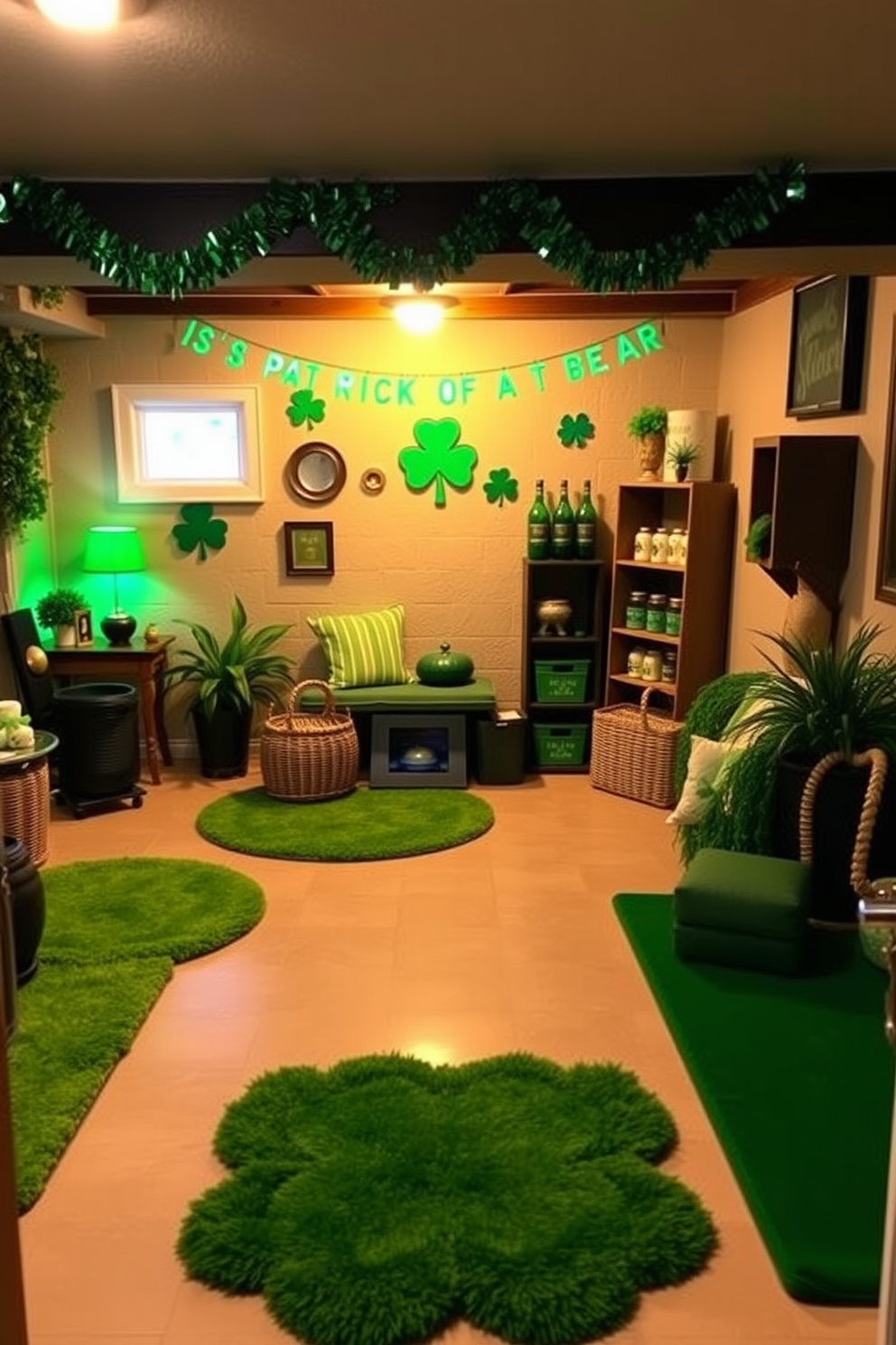 A cozy basement setting adorned with green rugs that harmoniously tie the room together. The space features festive St. Patrick's Day decorations, including shamrock-themed accents and vibrant green accents throughout.