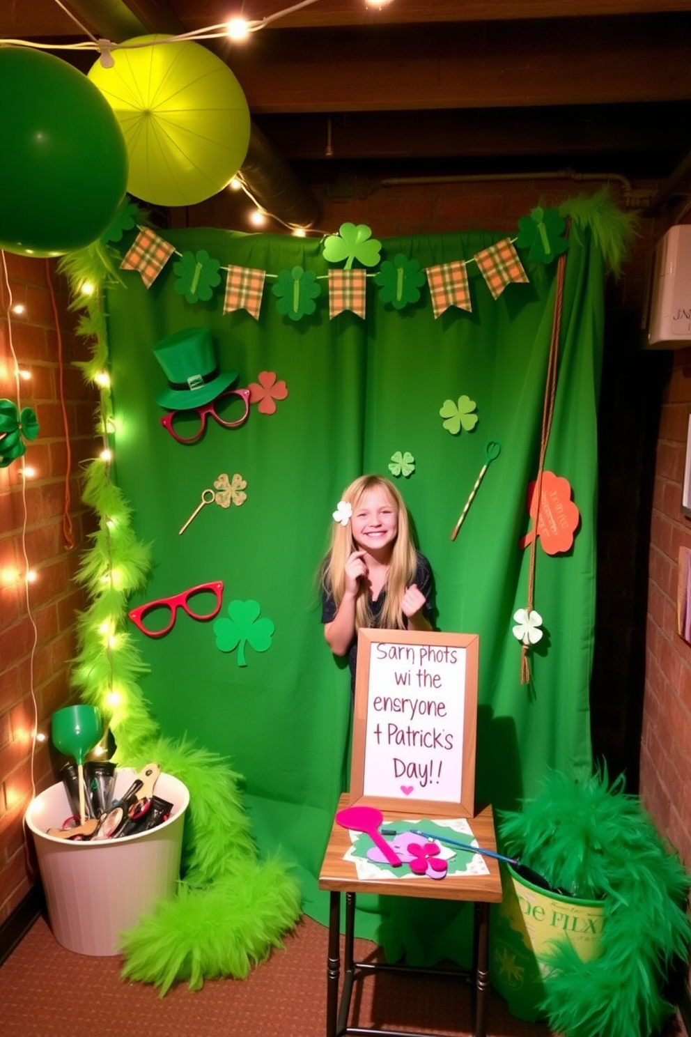 A cozy DIY photo booth is set up in the basement, featuring a vibrant green backdrop adorned with festive St. Patrick's Day decorations. Colorful props like shamrock hats, oversized glasses, and green feather boas are scattered around, inviting guests to capture fun memories. The space is illuminated with string lights, creating a warm and inviting atmosphere perfect for celebrations. A small table holds additional props and a sign encouraging everyone to take photos and enjoy the festive spirit.