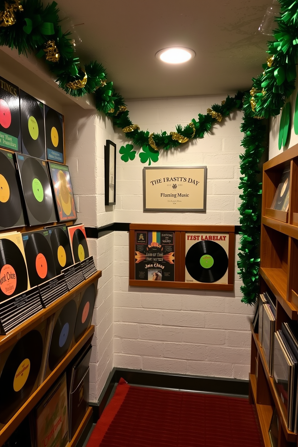 A cozy basement setting adorned with vintage Irish music records displayed on wooden shelves. The walls are decorated with festive St. Patrick's Day accents, featuring green and gold garlands and shamrock motifs.