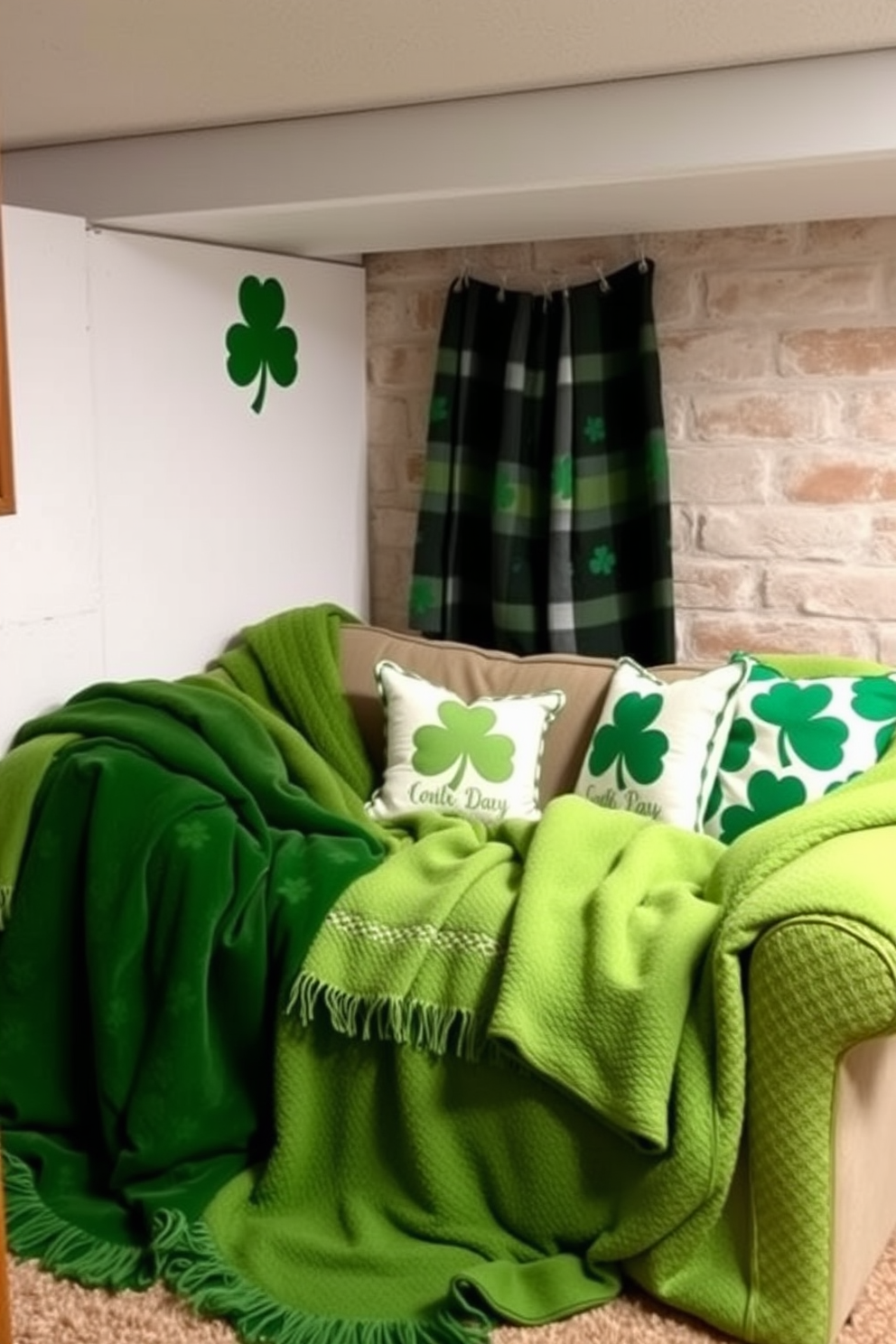 A cozy basement space adorned with seasonal throw blankets in various shades of green. The blankets are draped over a plush sofa, complemented by decorative pillows featuring shamrock patterns for a festive St. Patrick's Day touch.