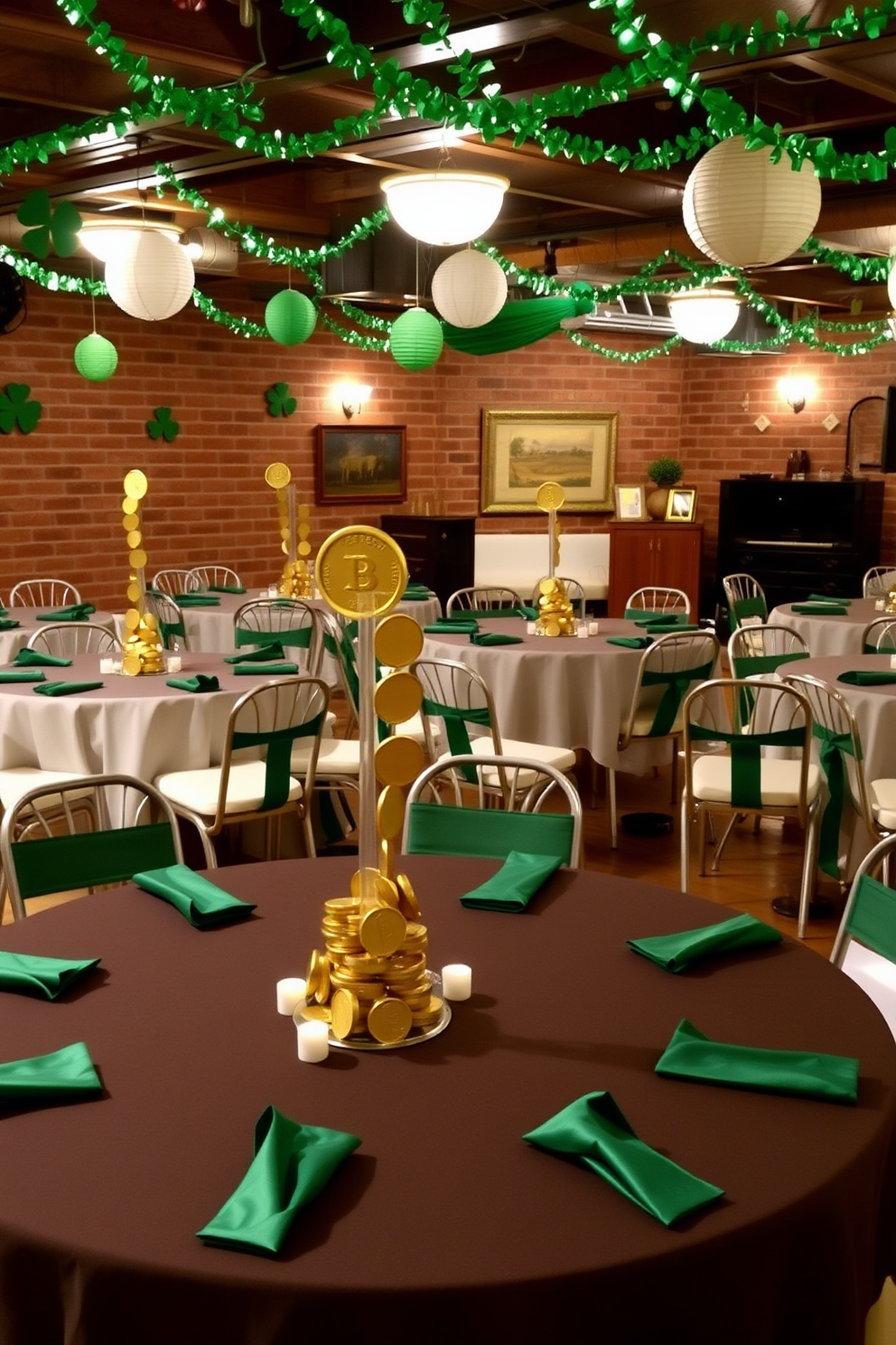 A festive basement setting for St. Patrick's Day features tables adorned with elegant gold coin centerpieces. Surrounding the tables are green and white decorations, creating a cheerful and inviting atmosphere for guests.