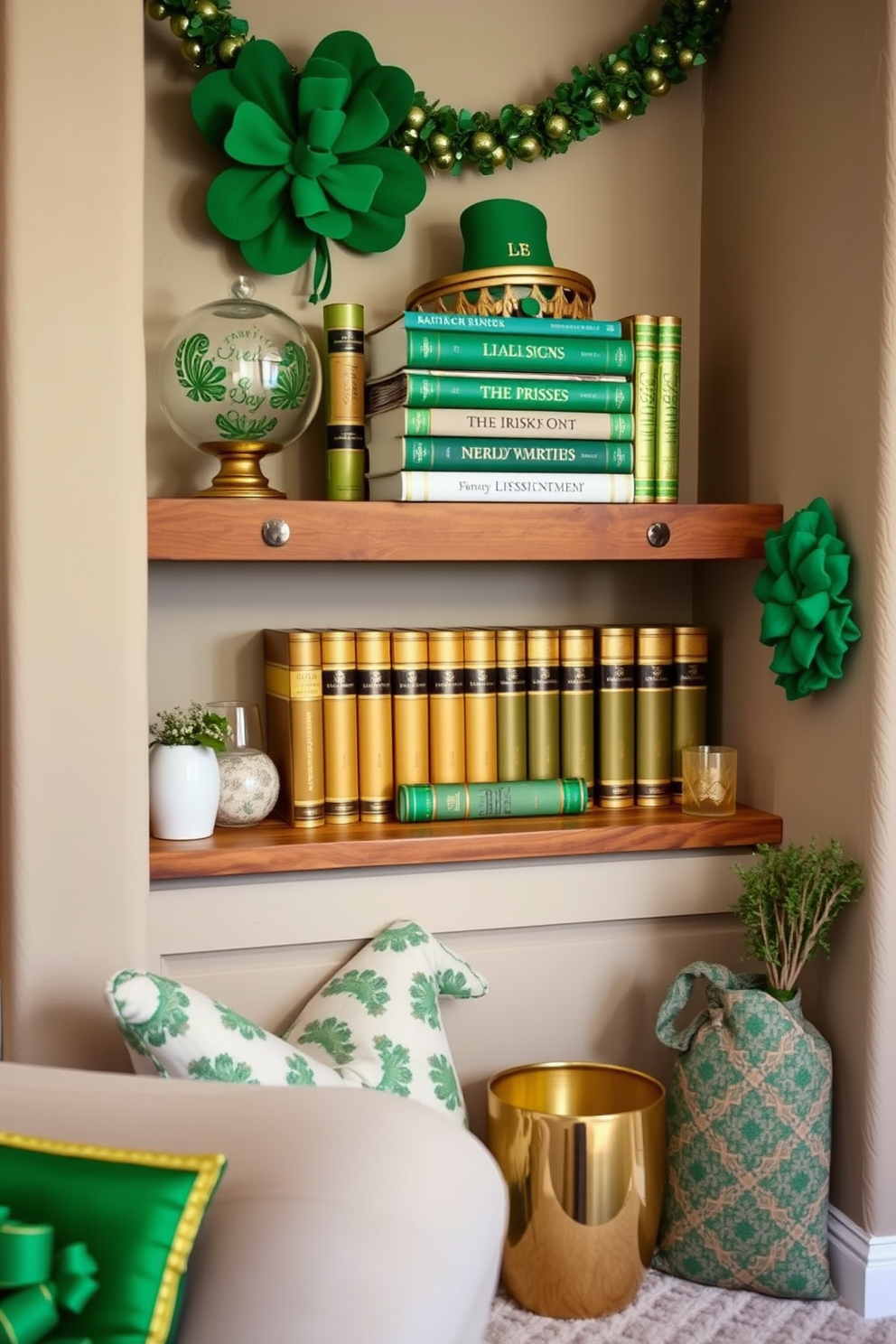 A cozy basement nook features a collection of Irish themed books stacked decoratively on a rustic wooden shelf. Soft green and gold accents are used throughout the space to enhance the St. Patrick's Day atmosphere, creating a warm and inviting ambiance.