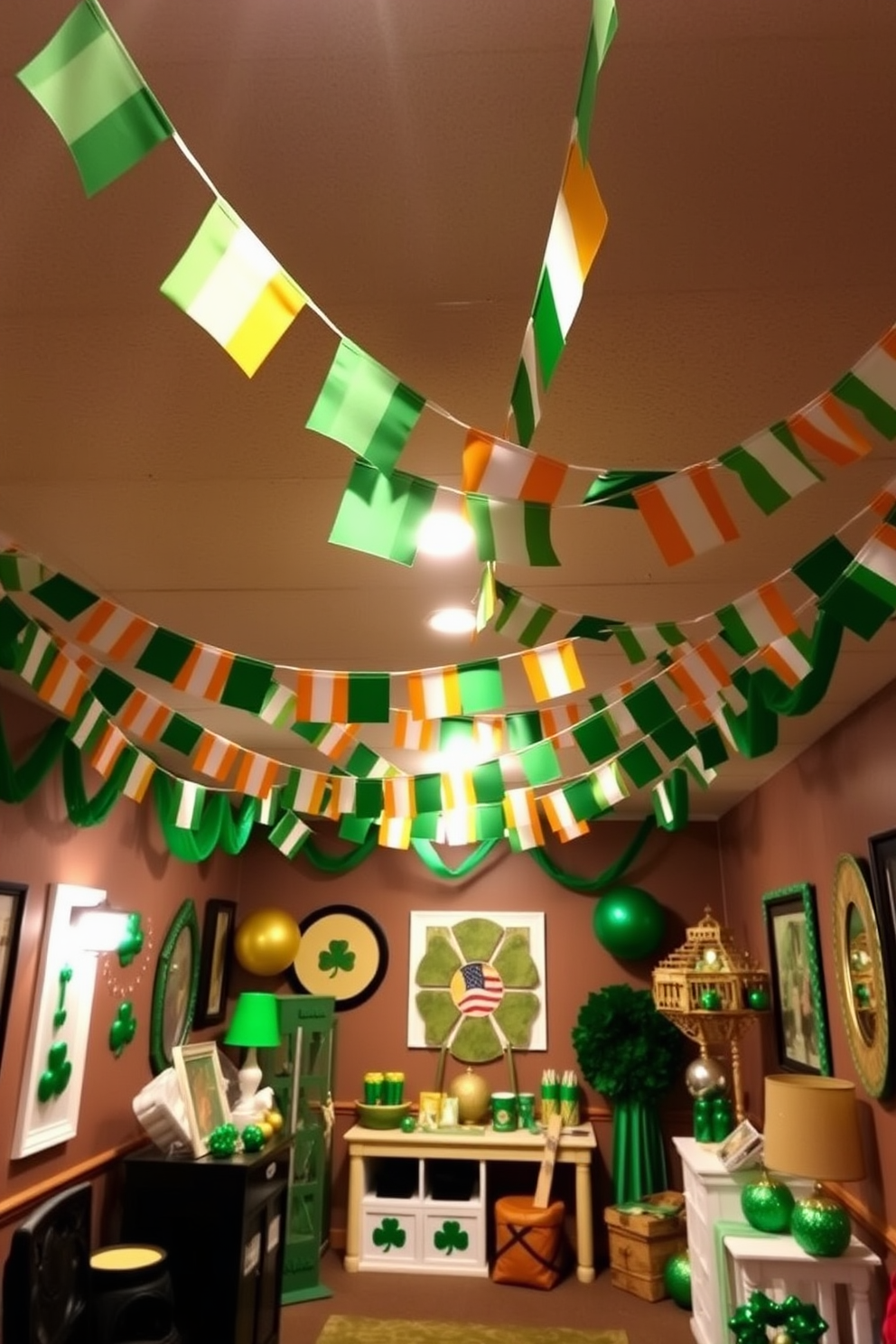 A festive basement setting adorned with Irish flag bunting draped elegantly across the walls. The space is filled with cheerful St. Patrick's Day decorations, including green and gold accents that create a lively atmosphere.