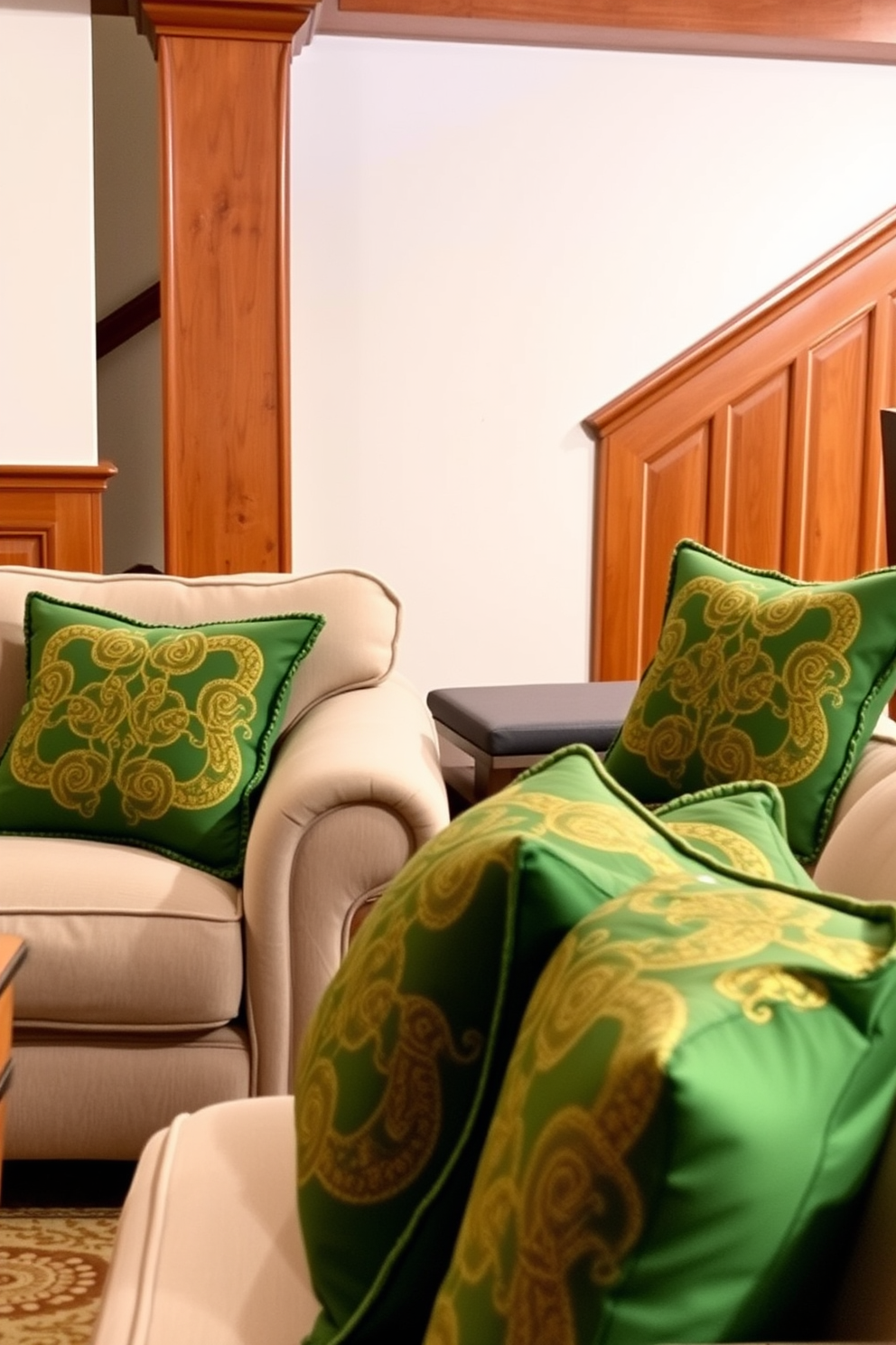 Celtic knot throw pillows adorn the plush sofas in a cozy basement setting. The rich greens and golds of the pillows complement the warm wood tones of the furniture, creating an inviting atmosphere for St. Patrick's Day celebrations.