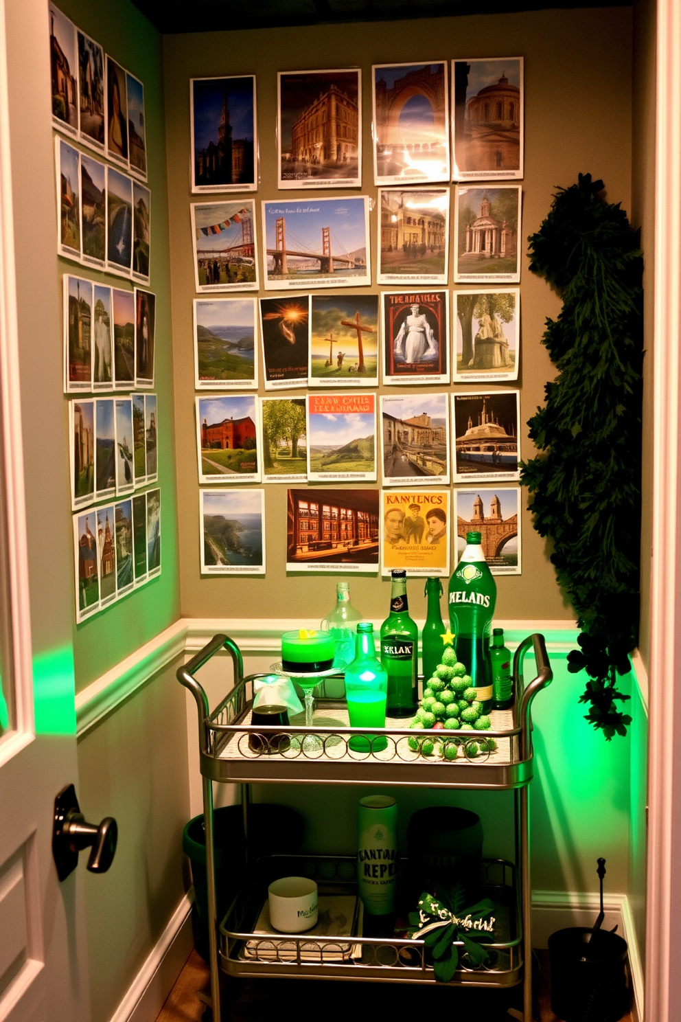 A cozy basement space adorned with vintage Irish postcards as wall decor. The postcards showcase vibrant scenes of Ireland, adding a touch of nostalgia and charm to the room. In the corner, a small bar cart is set up with green-themed drinks and festive decorations for St. Patrick's Day. Soft lighting creates a warm ambiance, inviting guests to relax and enjoy the celebration.