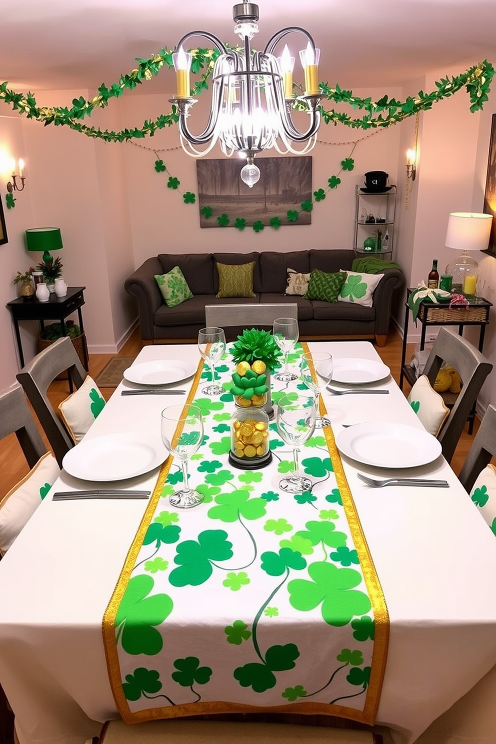 A festive dining table adorned with a St Patrick's Day themed table runner featuring vibrant green shamrocks and gold accents. The table is set with white dinnerware, sparkling crystal glasses, and small pots of gold chocolate coins as centerpieces. A cozy basement space decorated for St Patrick's Day, with green and gold garlands hanging from the ceiling. Plush seating areas are complemented by themed throw pillows and a small bar cart showcasing Irish whiskey and festive cocktails.