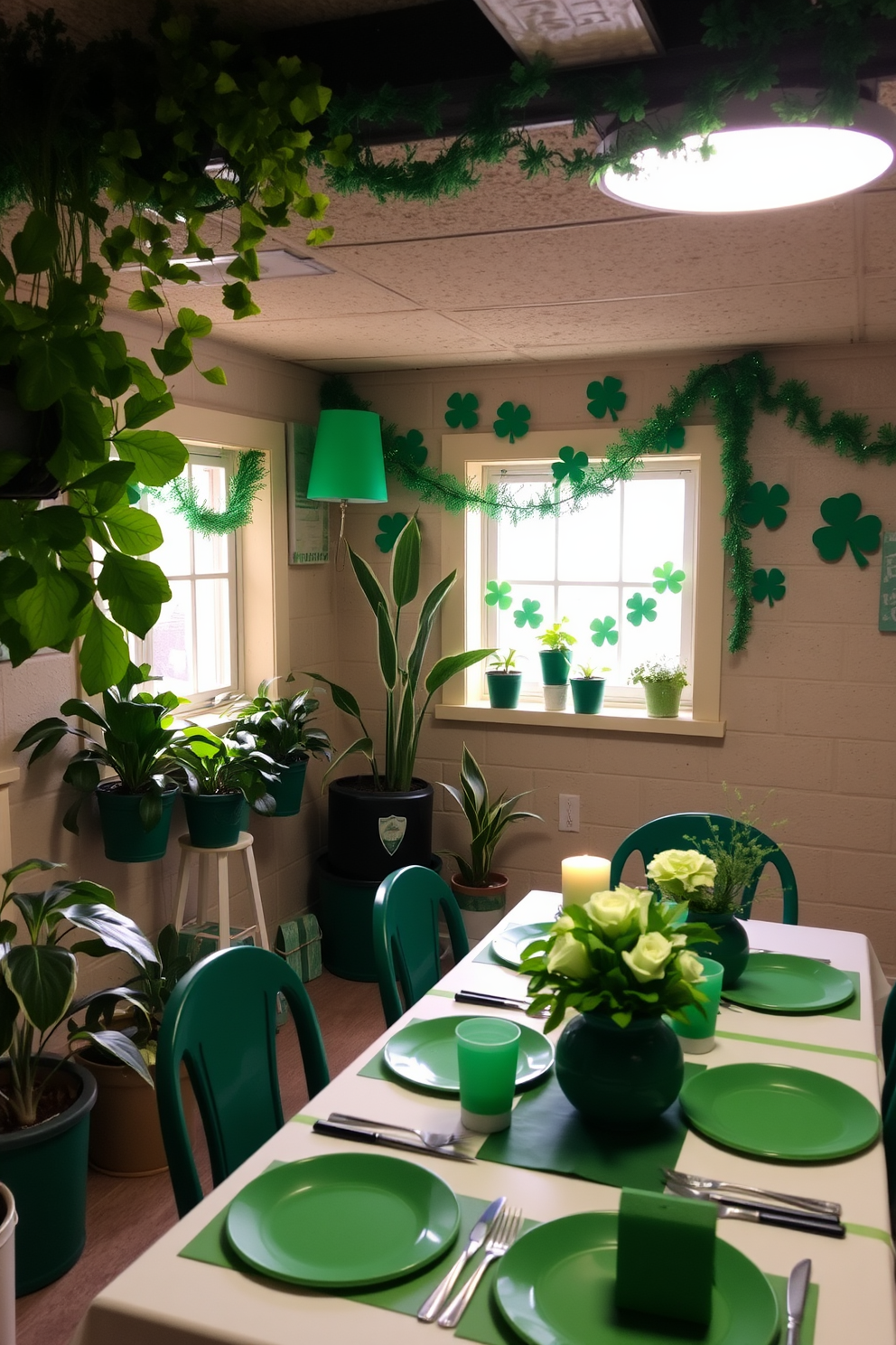 A cozy basement space adorned with potted green plants that bring a touch of freshness to the atmosphere. The plants are strategically placed near the windows and corners, enhancing the natural light and creating a vibrant environment. For St. Patrick's Day, the basement is decorated with festive green accents. Shamrock-themed decorations and garlands are hung on the walls, and a charming table setting features green tableware and centerpieces that celebrate the holiday spirit.