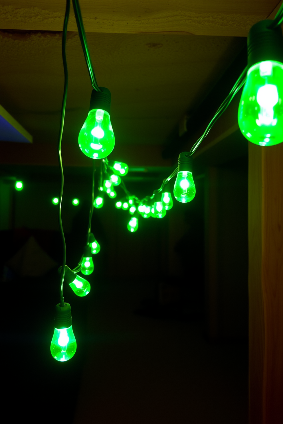 A cozy basement setting adorned with string lights featuring green bulbs. The lights create a festive ambiance, perfect for St. Patrick's Day celebrations.