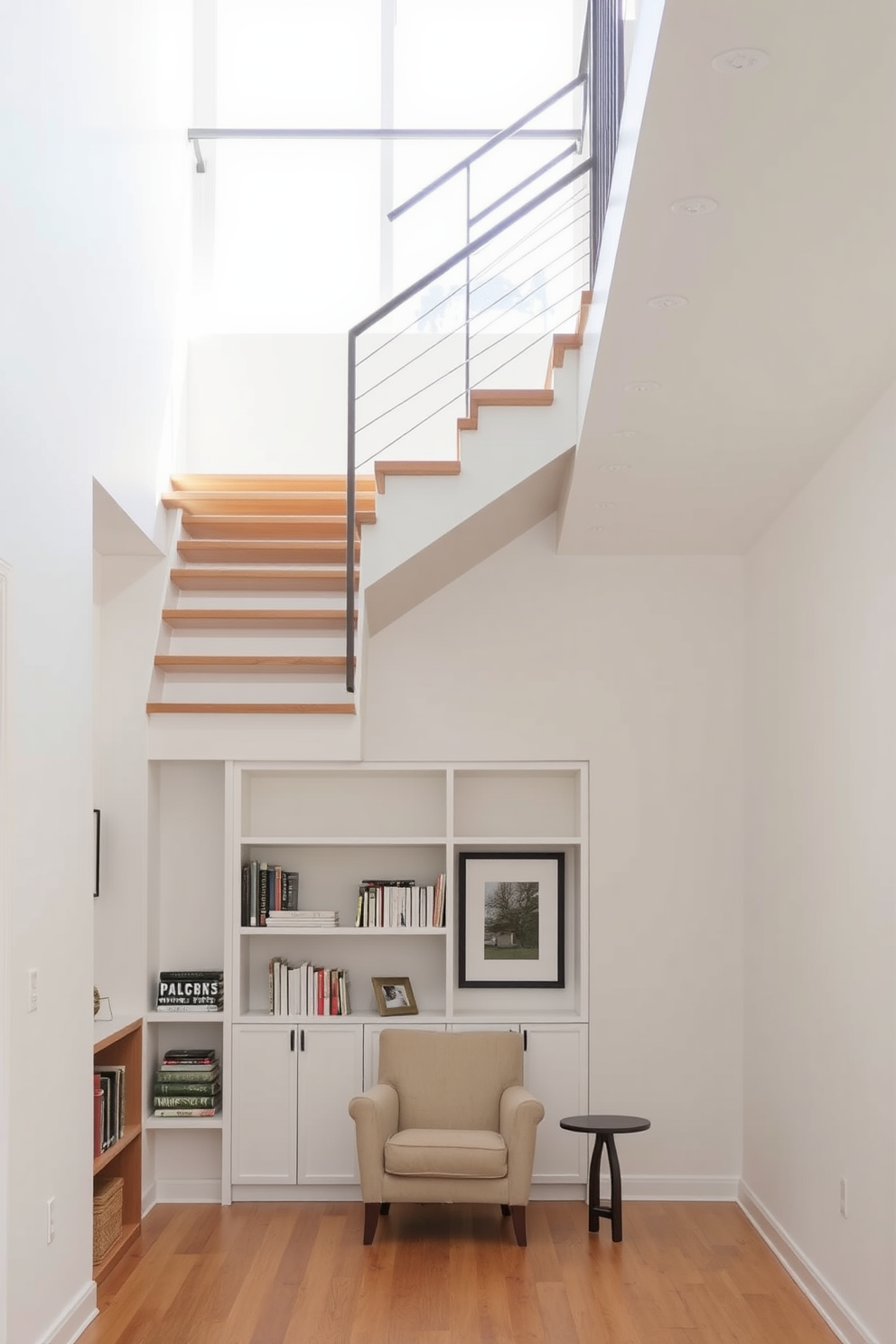 Open riser staircase design that creates an airy and spacious atmosphere. The staircase features sleek wooden treads and a minimalist metal railing, allowing light to flow through the structure. The walls are painted in a soft white to enhance the brightness of the space. Below the staircase, there is a cozy reading nook with built-in shelves and a comfortable armchair, perfect for relaxation.