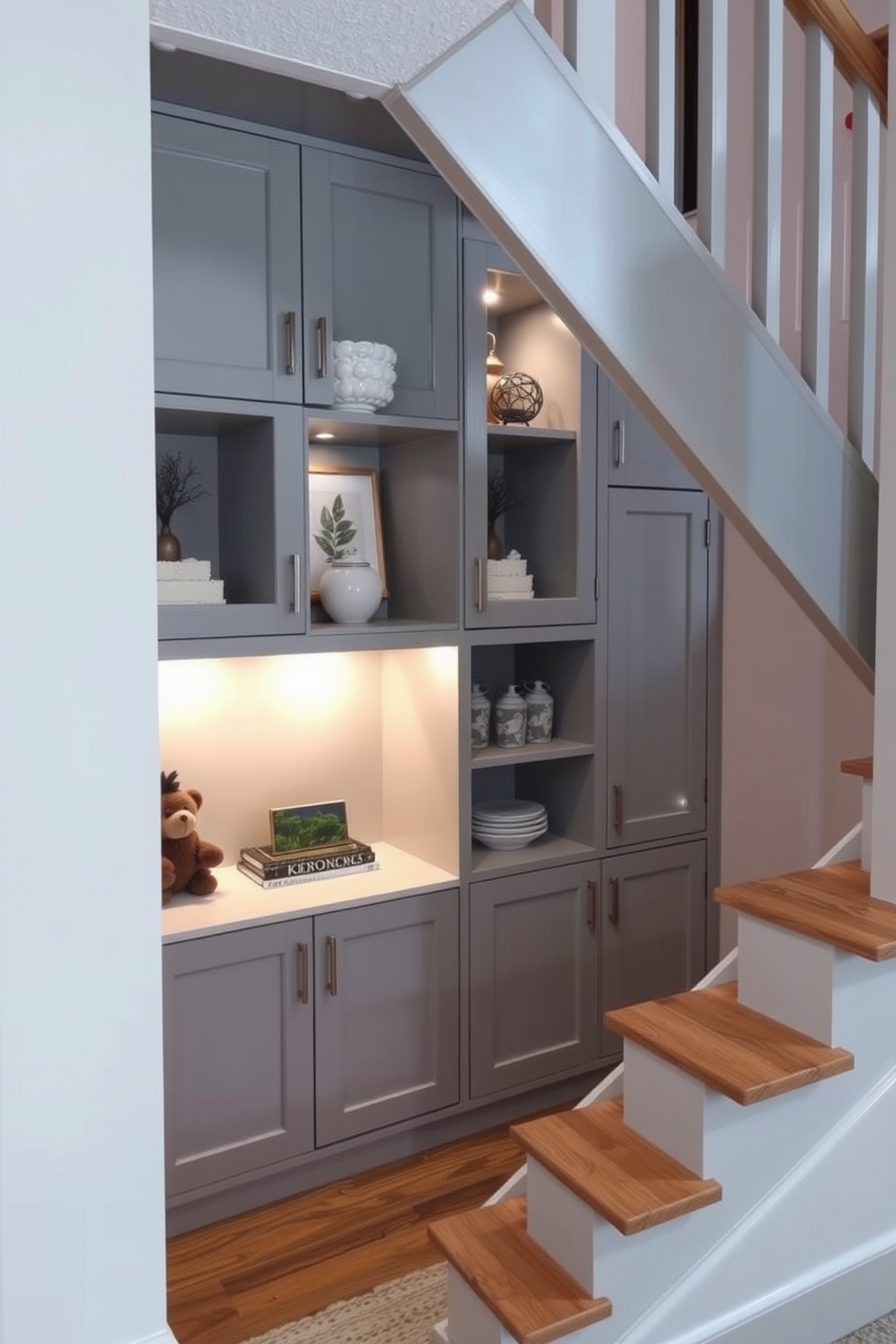 A stylish under-stair storage solution featuring sleek cabinetry that blends seamlessly with the staircase. The design includes open shelving for decorative items and closed compartments for concealed storage, all painted in a soft gray hue to enhance the basement's cozy ambiance. The staircase itself is designed with wooden treads and a minimalist railing that complements the overall aesthetic. Soft lighting is integrated into the shelving to highlight the decor while maintaining a warm and inviting atmosphere.