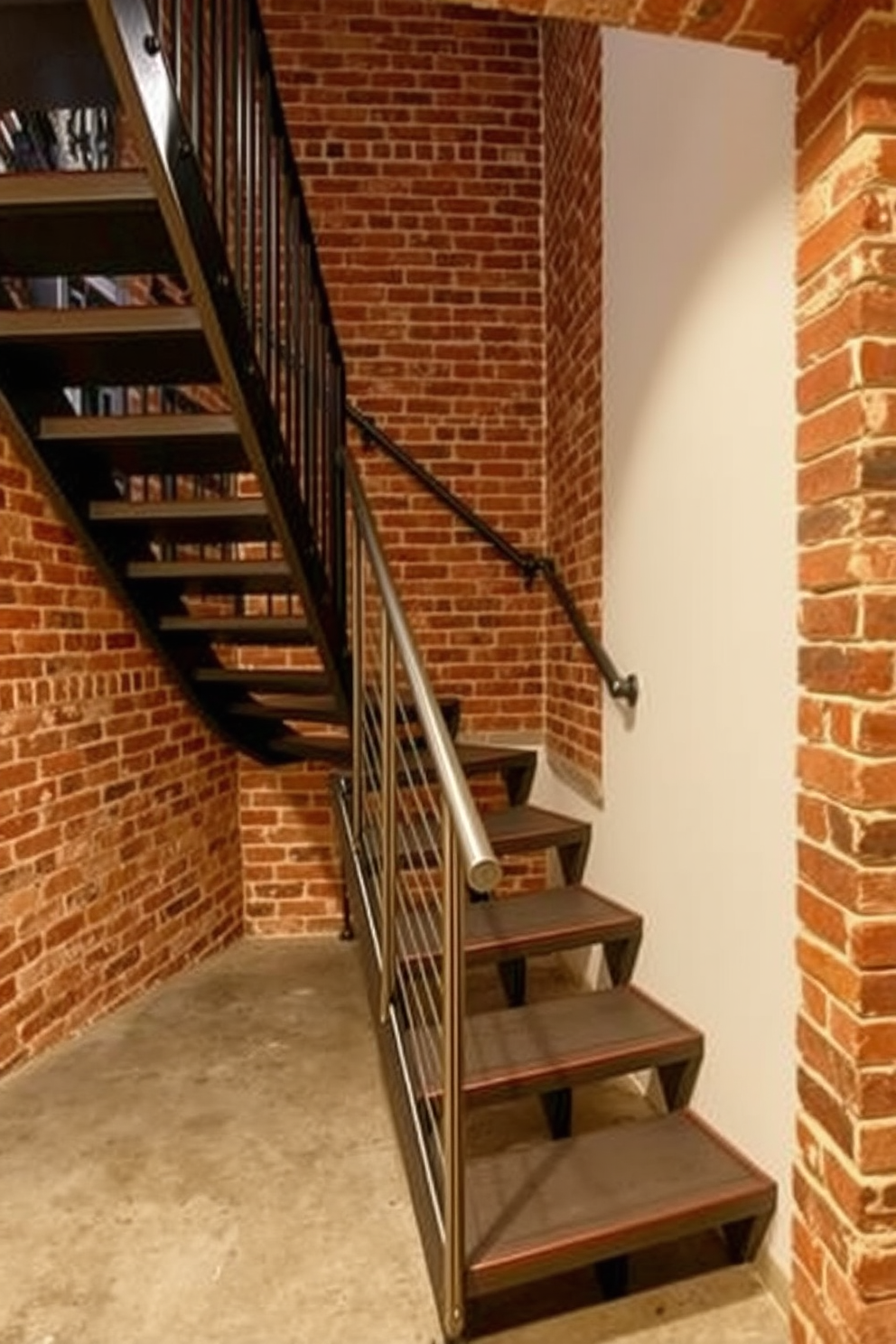 A basement staircase design featuring metal handrails that enhance the industrial vibe. The staircase is surrounded by exposed brick walls and has a concrete floor, creating a raw and edgy atmosphere.