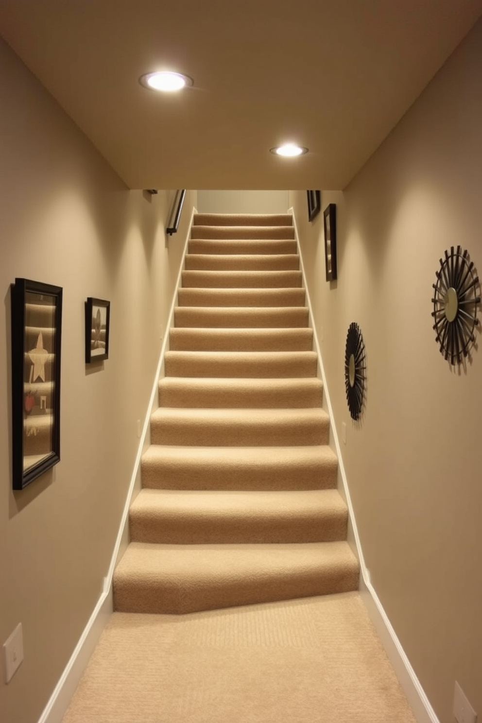 A functional basement staircase featuring carpet tiles for easy maintenance. The staircase is illuminated by recessed lighting, creating a warm and inviting atmosphere. The carpet tiles are in a neutral tone, providing a soft texture underfoot. Along the walls, there are decorative elements that enhance the overall aesthetic of the space.