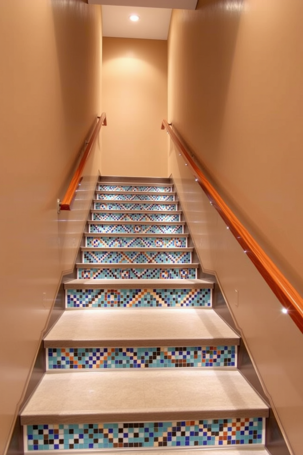 A striking basement staircase features mosaic tile accents that create an artistic focal point. The steps are lined with a sleek wooden railing that contrasts beautifully with the vibrant tiles, enhancing the overall design. Soft ambient lighting illuminates the staircase, highlighting the intricate patterns of the mosaic tiles. The walls are painted in a warm neutral tone, providing a welcoming atmosphere as you descend into the basement.