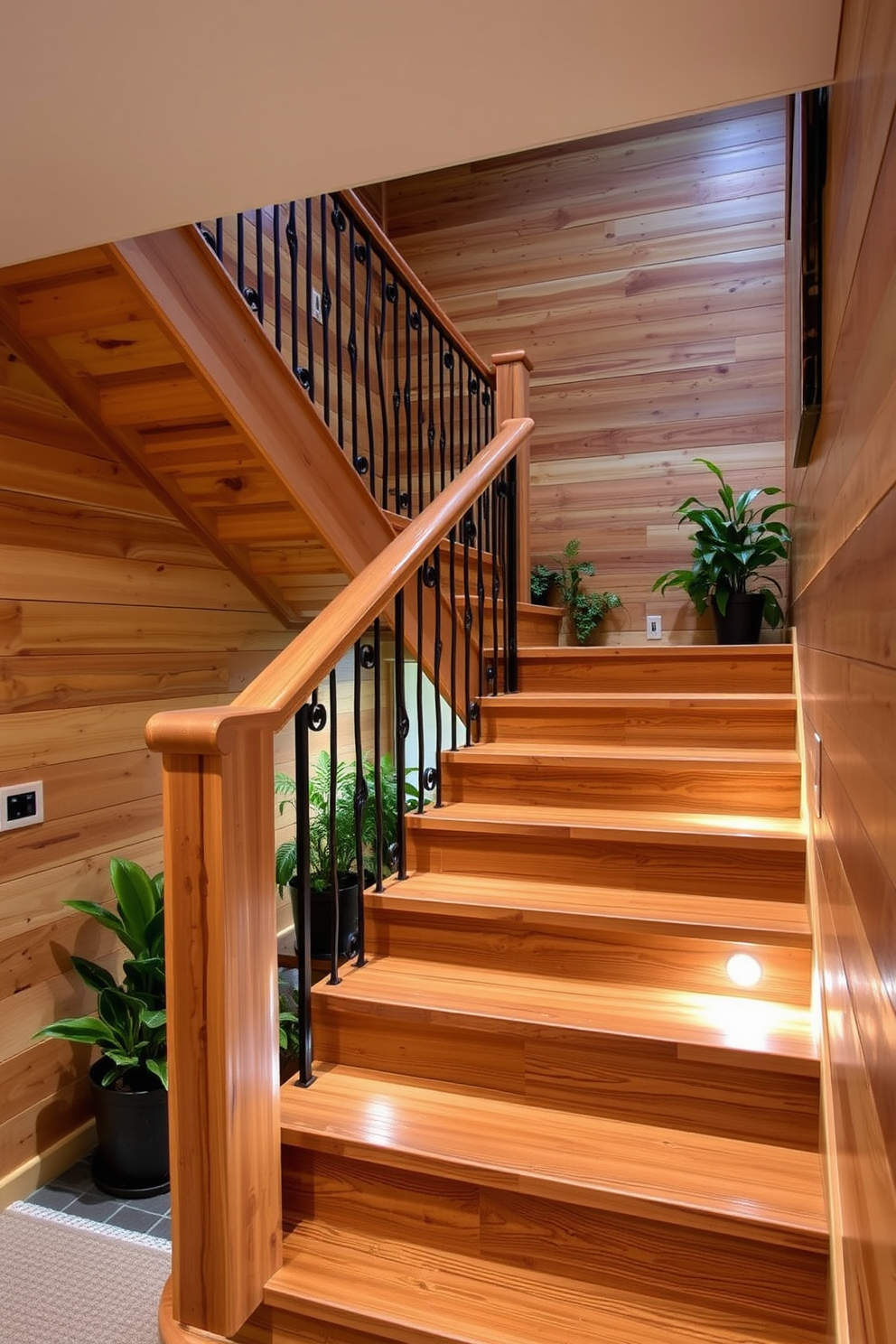 A cozy basement staircase featuring natural wood finishes that enhance rustic charm. The stairs are constructed from reclaimed wood with a warm finish, complemented by wrought iron railings that add an industrial touch. Soft ambient lighting illuminates the staircase, highlighting the grain of the wood and creating a welcoming atmosphere. The walls are adorned with wooden paneling, and a few potted plants are strategically placed to bring a touch of nature indoors.