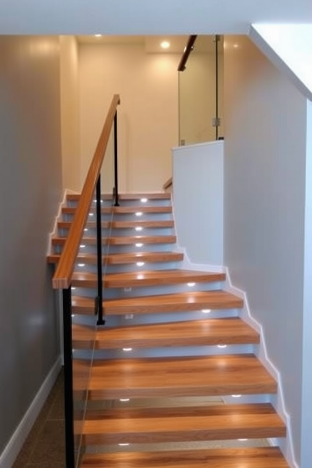 A sleek basement staircase features floating wooden steps that create a modern and airy feel. The steps are illuminated by recessed lighting, enhancing the contemporary design and providing safety. The walls are finished in a soft gray, complementing the natural wood of the stairs. A glass railing adds to the open aesthetic, allowing light to flow freely through the space.