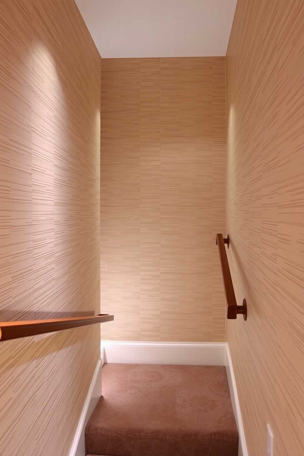 Textured wallpaper adorns the walls of a stylish basement staircase, creating a warm and inviting atmosphere. The staircase features a sleek wooden handrail and soft ambient lighting that highlights the intricate patterns of the wallpaper.