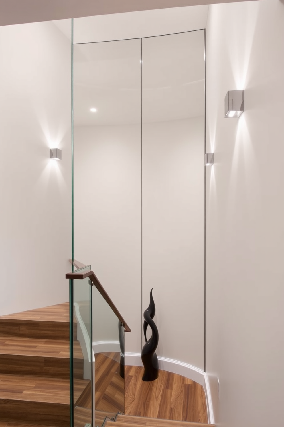 A modern basement staircase features a mirrored wall that enhances light reflection and creates a sense of spaciousness. The staircase itself is designed with sleek wooden steps and a glass railing, providing an elegant contrast to the reflective surface. The mirrored wall is adorned with subtle lighting fixtures that highlight its surface, adding warmth to the space. A decorative piece, such as a sculpture or a plant, is placed at the base of the staircase to create a welcoming focal point.