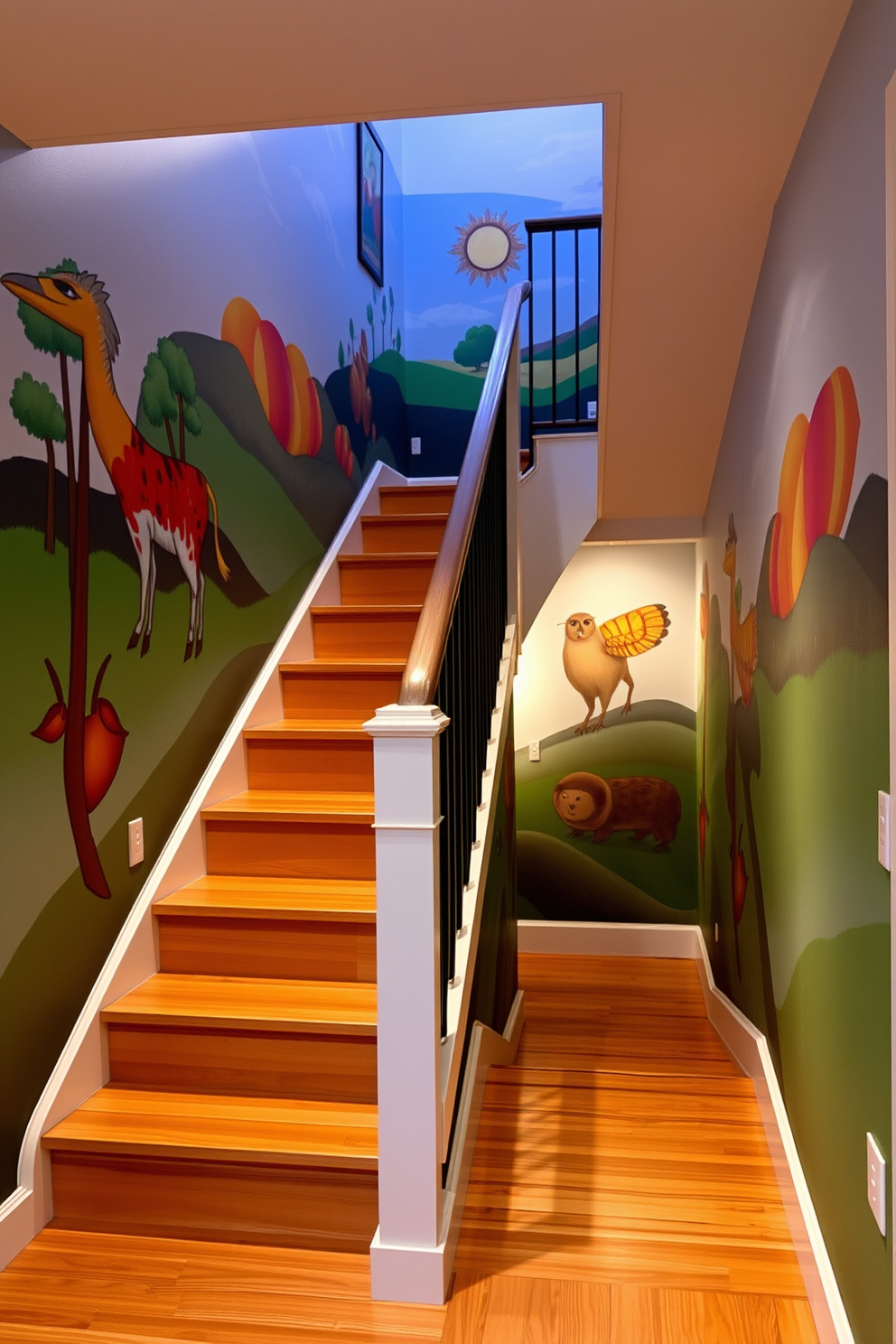 A basement staircase featuring painted murals that create an inviting atmosphere. The walls are adorned with vibrant, custom artworks that reflect the homeowner's personality and style. The staircase itself is designed with sleek wooden steps and a modern railing. Soft lighting highlights the murals, enhancing the overall aesthetic and making the space feel warm and welcoming.