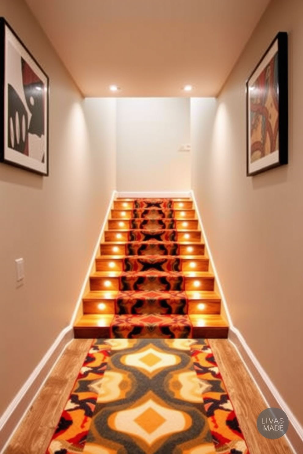 A bold patterned runner stretches down the center of the basement staircase, creating a striking visual contrast against the neutral-toned walls. The staircase features sleek wooden steps, highlighted by warm lighting that enhances the runner's vibrant colors and patterns. On either side of the staircase, modern artwork adorns the walls, adding personality and sophistication to the space. The overall design combines functionality with style, making the basement entrance both inviting and visually appealing.