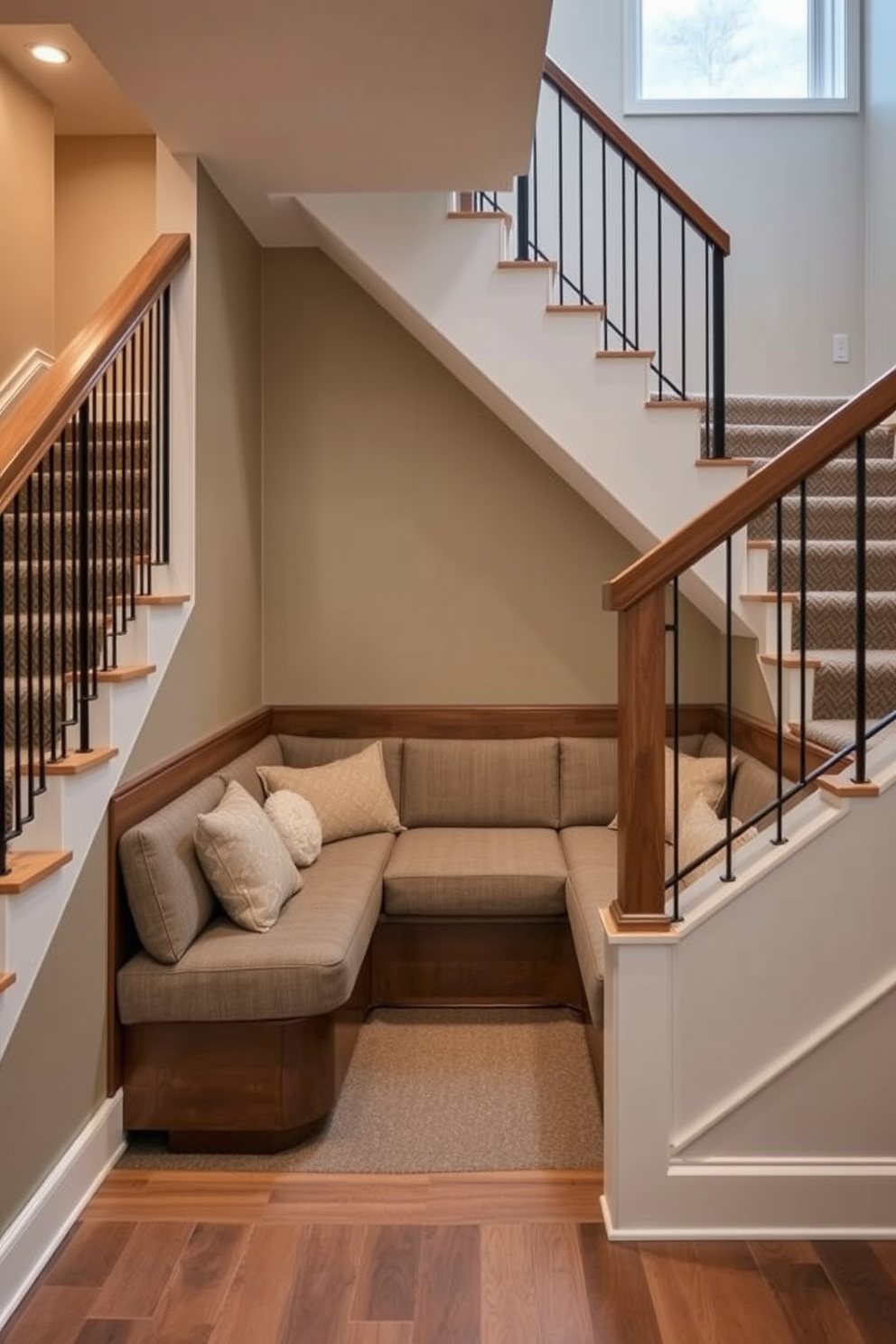 A modern basement staircase features integrated seating at the landing, creating a cozy nook for relaxation. The seating area is designed with built-in benches upholstered in soft gray fabric, complemented by warm wooden accents.