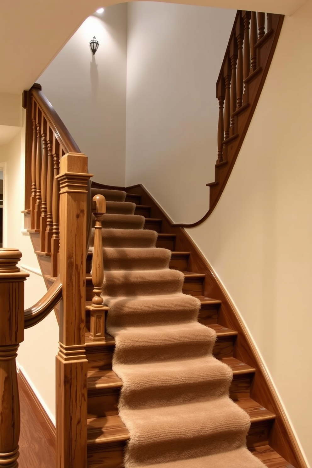 A vintage staircase with reclaimed wood features elegant balusters and a wide handrail that showcases the natural grain of the wood. The steps are adorned with a plush runner that adds warmth and texture to the space, complementing the rustic charm of the reclaimed materials. The walls surrounding the staircase are painted in a soft cream color, enhancing the vintage aesthetic and allowing the wood to stand out. Ambient lighting is strategically placed to highlight the staircase's architectural details, creating an inviting atmosphere in the basement.