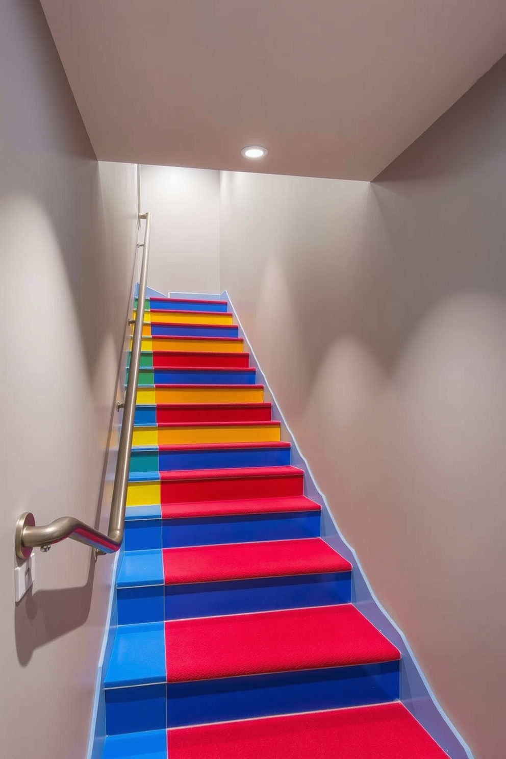 A basement staircase featuring color-blocked steps in vibrant hues of blue, yellow, and red. The walls are painted in a soft gray, creating a modern contrast that enhances the playful design. The staircase is illuminated by recessed lighting, highlighting the bold colors of the steps. A sleek handrail in brushed metal adds a contemporary touch to the overall aesthetic.