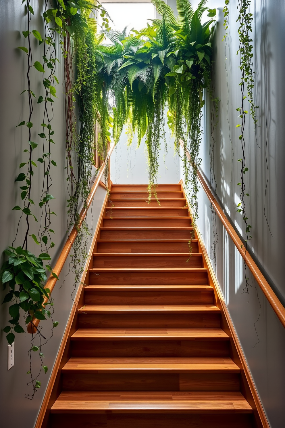 A stunning basement staircase adorned with cascading plants that bring a vibrant green touch to the space. The stairs are framed by sleek wooden railings, and the walls are painted in a soft gray to enhance the natural light filtering in. Lush ferns and trailing vines elegantly drape from the top of the staircase, creating a natural canopy. The steps are finished with polished hardwood, providing a warm contrast to the greenery surrounding them.