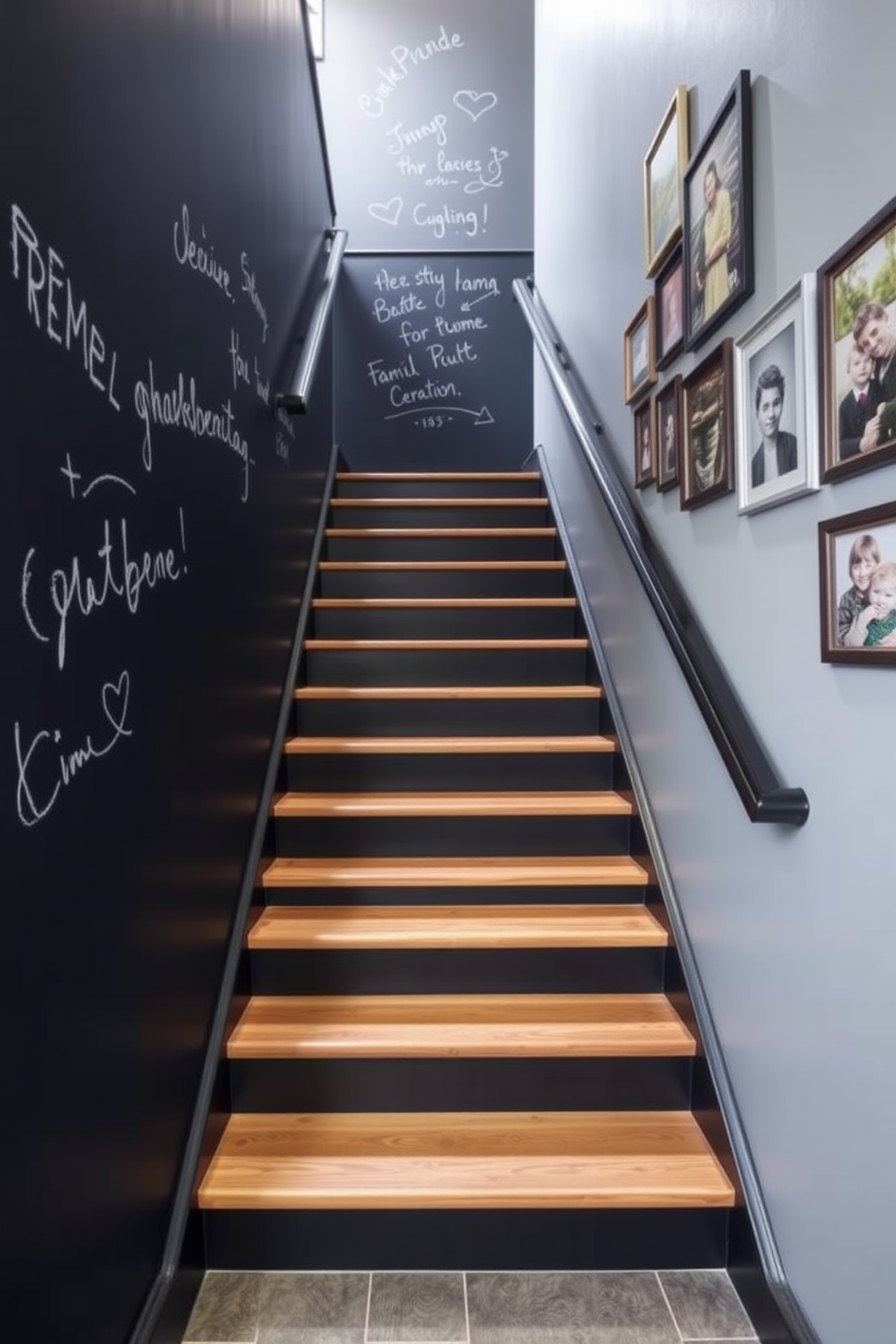 A basement staircase designed with chalkboard paint allows for creative expression and personalization. The walls are coated in a matte black finish, providing a perfect canvas for doodles and messages, while the stairs feature sleek wooden treads that contrast beautifully with the dark walls. Soft lighting illuminates the staircase, highlighting the chalkboard surface and creating an inviting atmosphere. To enhance the design, a series of framed artworks and family photos are displayed on the adjacent wall, adding character and warmth to the space.