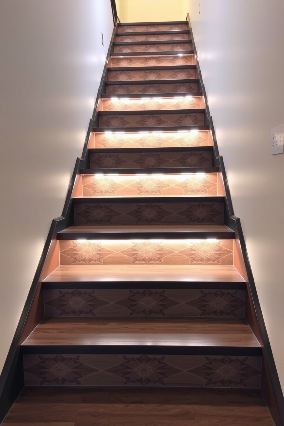 A stylish basement staircase featuring geometric patterns on the risers. The staircase is illuminated by soft recessed lighting, creating a warm and inviting atmosphere.