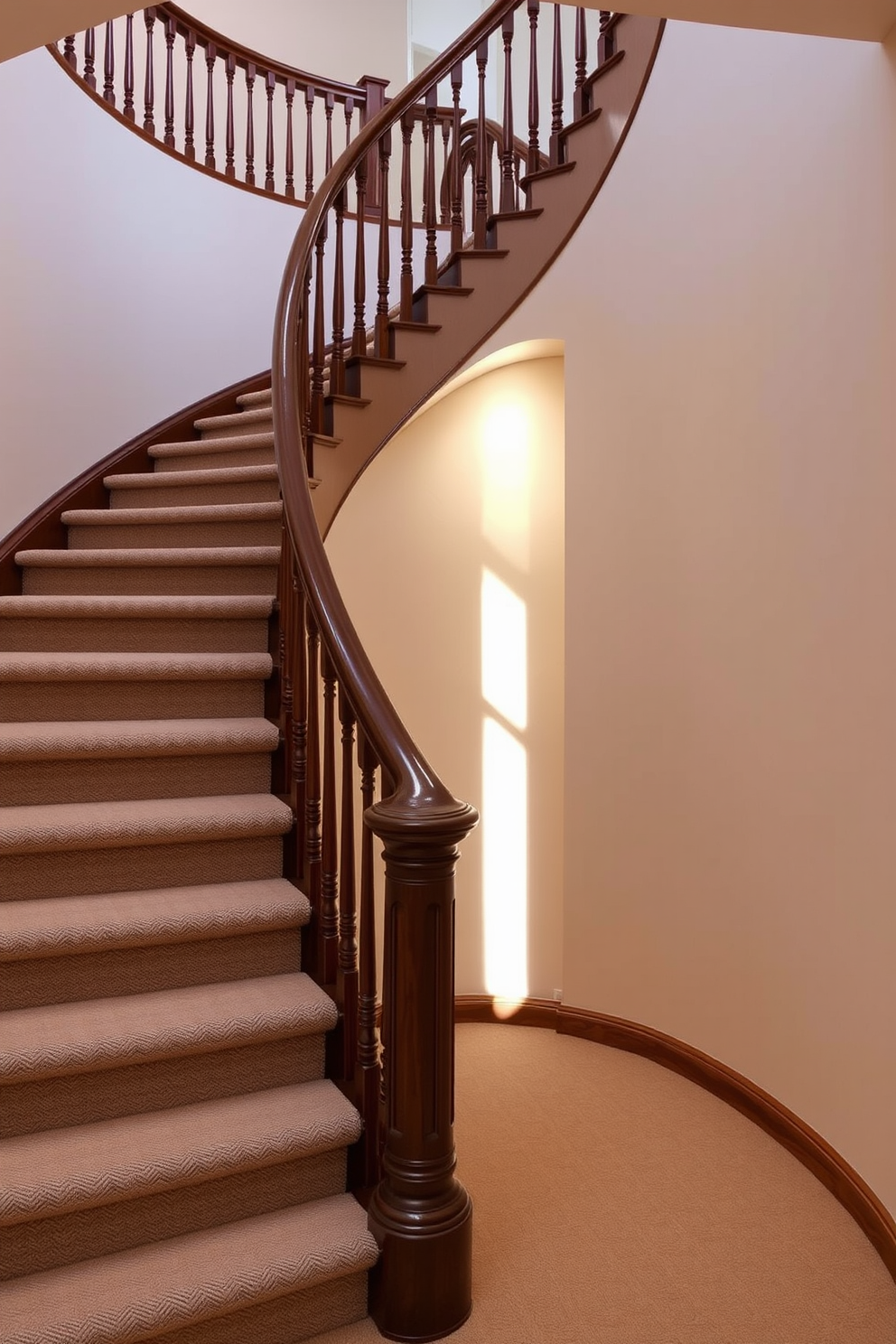 A curved staircase gracefully ascends, creating a striking focal point in the room. The staircase features elegant wooden balusters and a polished handrail, enhancing its sophisticated design. The steps are upholstered in a soft, neutral fabric for comfort and style. Soft lighting illuminates the staircase, casting a warm glow that highlights its unique silhouette.