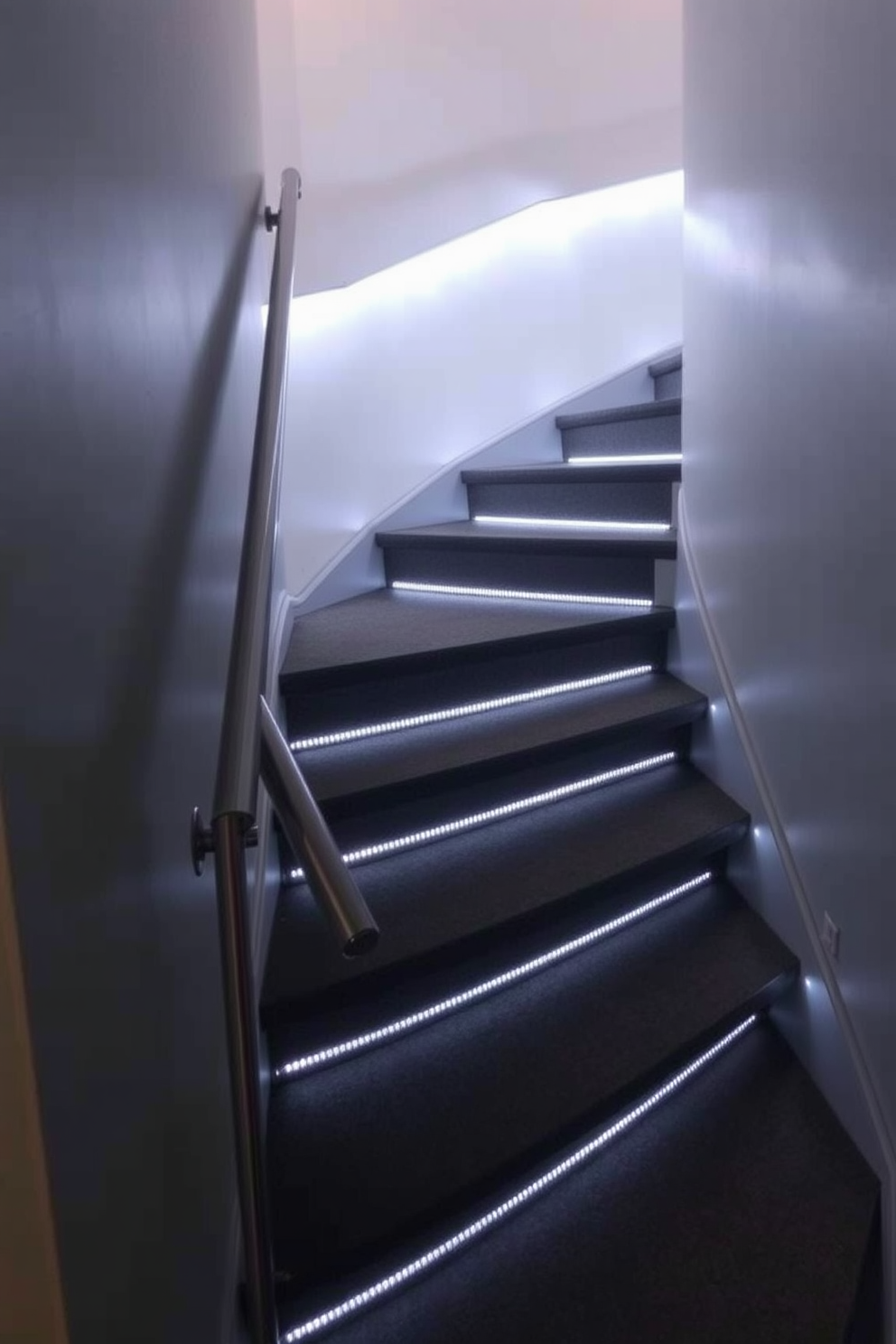 A contemporary basement staircase featuring sleek LED strip lighting along the edges of each step. The walls are painted a soft gray, and the handrail is made of polished stainless steel for a modern touch.