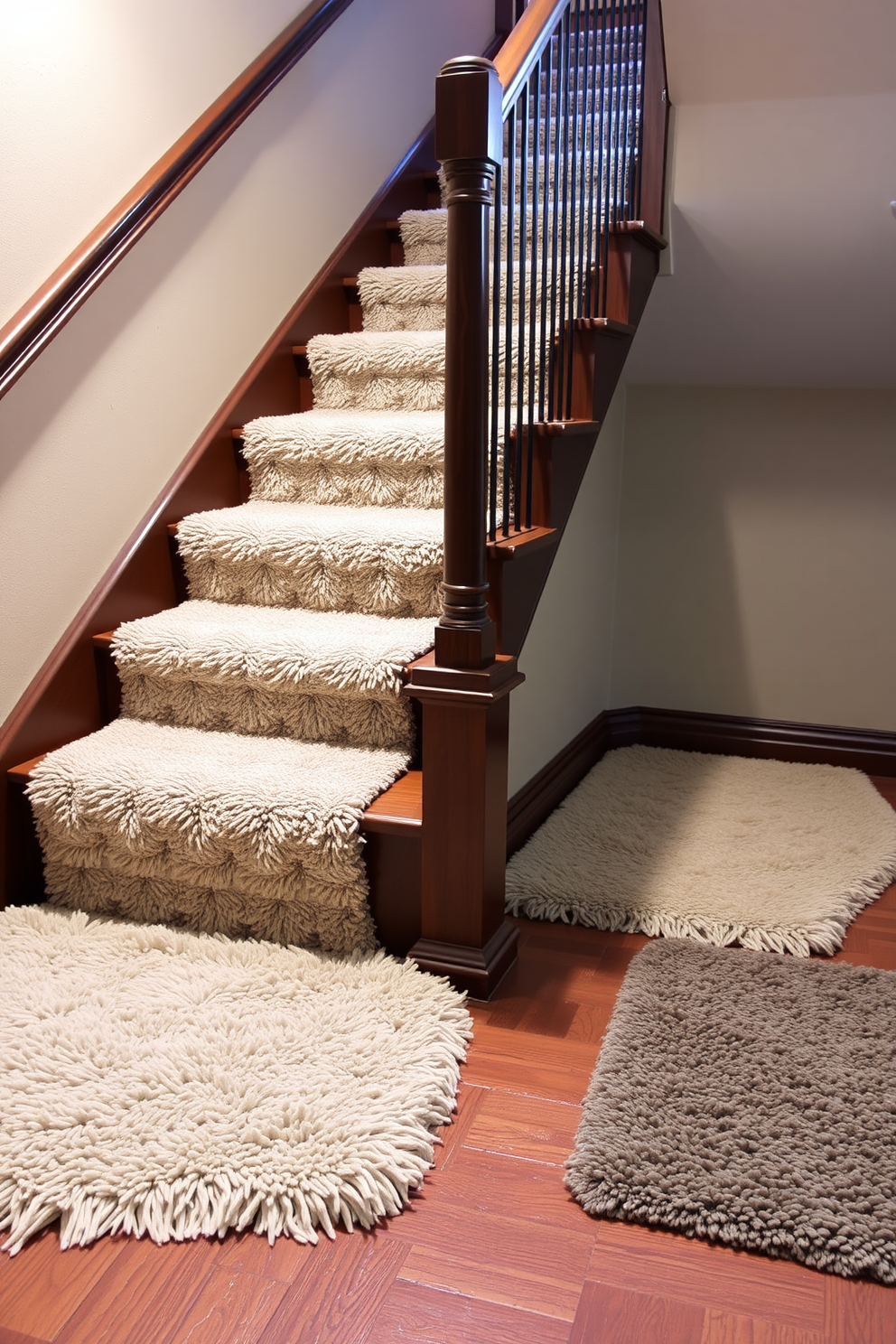 A cozy basement staircase design featuring soft rugs for added comfort and safety. The staircase is adorned with plush, textured rugs that provide a warm and inviting atmosphere while ensuring a secure footing.