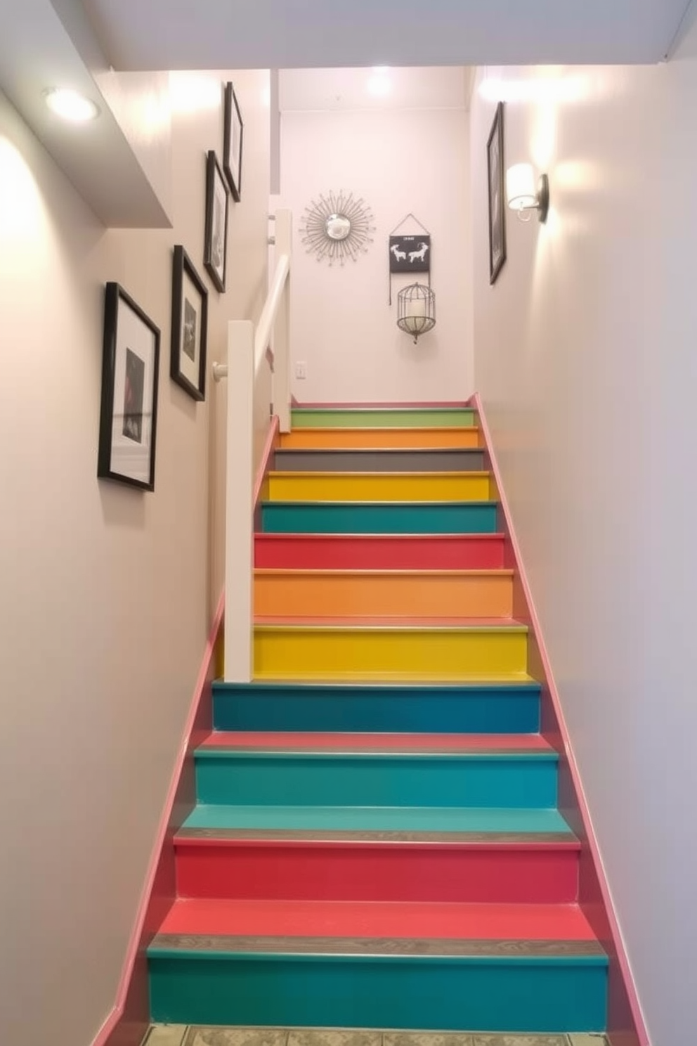 A basement staircase featuring painted steps in vibrant colors creates a lively and inviting atmosphere. The steps are adorned with a mix of bold hues like turquoise, yellow, and coral, drawing attention and adding personality to the space. The walls surrounding the staircase are painted in a soft neutral tone to enhance the brightness of the steps. Decorative wall art and lighting fixtures are strategically placed to complement the colorful design and create a cohesive look.