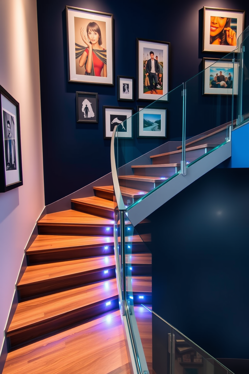 A striking accent wall showcases a curated collection of art pieces and photographs, each framed to enhance the overall aesthetic. The wall is painted in a deep navy blue, creating a dramatic backdrop that draws attention to the vibrant colors of the artwork. The basement staircase features a modern design with sleek wooden treads and a glass railing that allows for an unobstructed view. Soft LED lighting is integrated into the steps, illuminating the path while adding a touch of elegance to the space.