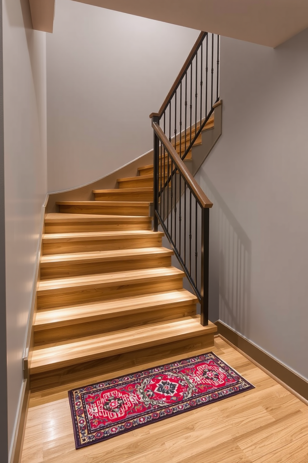 A basement staircase with built-in lighting that enhances both safety and style. The stairs feature sleek wooden treads and a modern metal railing, with recessed lights illuminating each step for visibility. The walls are painted in a soft gray, creating a warm and inviting atmosphere. A decorative runner rug adds a pop of color and texture, complementing the overall design.