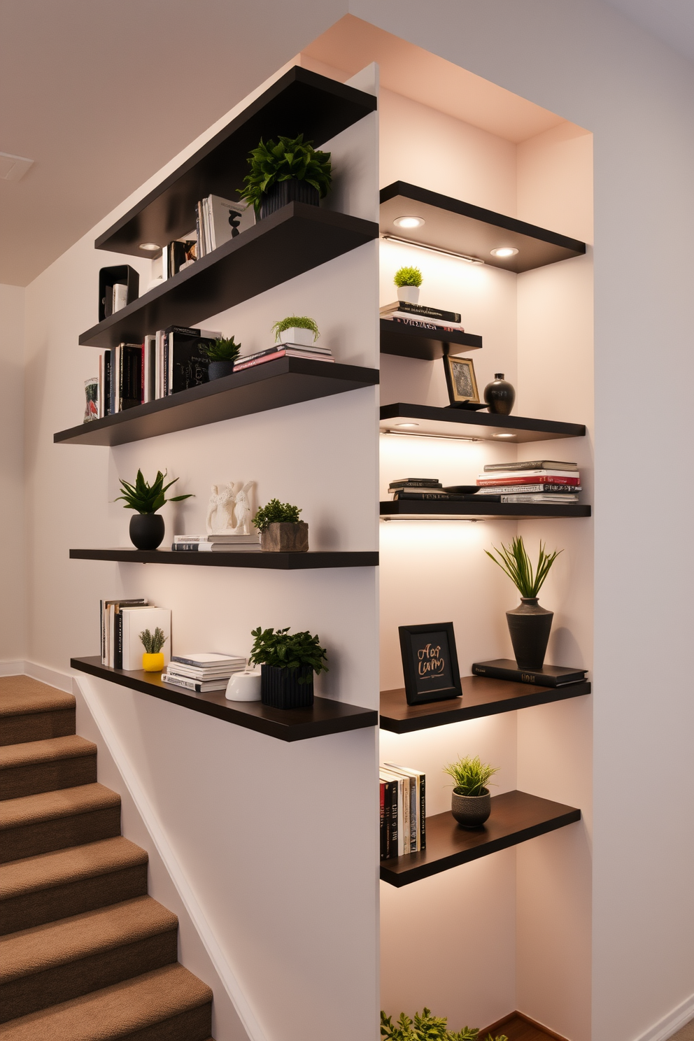 A modern basement staircase featuring sleek wall-mounted shelves for decor display. The shelves are arranged asymmetrically, showcasing a mix of books, plants, and decorative objects against a backdrop of soft, ambient lighting.