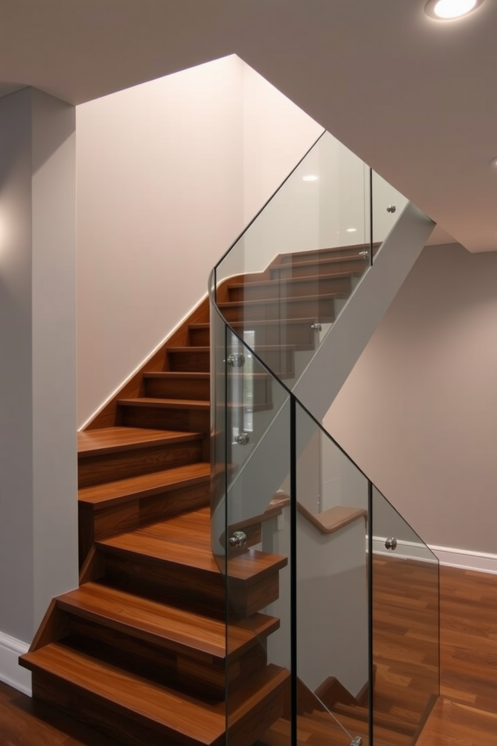 A modern basement staircase features sleek glass railings that enhance the open feel of the space. The stairs are crafted from rich hardwood, contrasting beautifully with the minimalist design of the glass. The walls are painted in a soft gray, creating a sophisticated backdrop for the contemporary aesthetic. Ambient lighting highlights the clean lines of the staircase, making it a striking focal point in the basement.