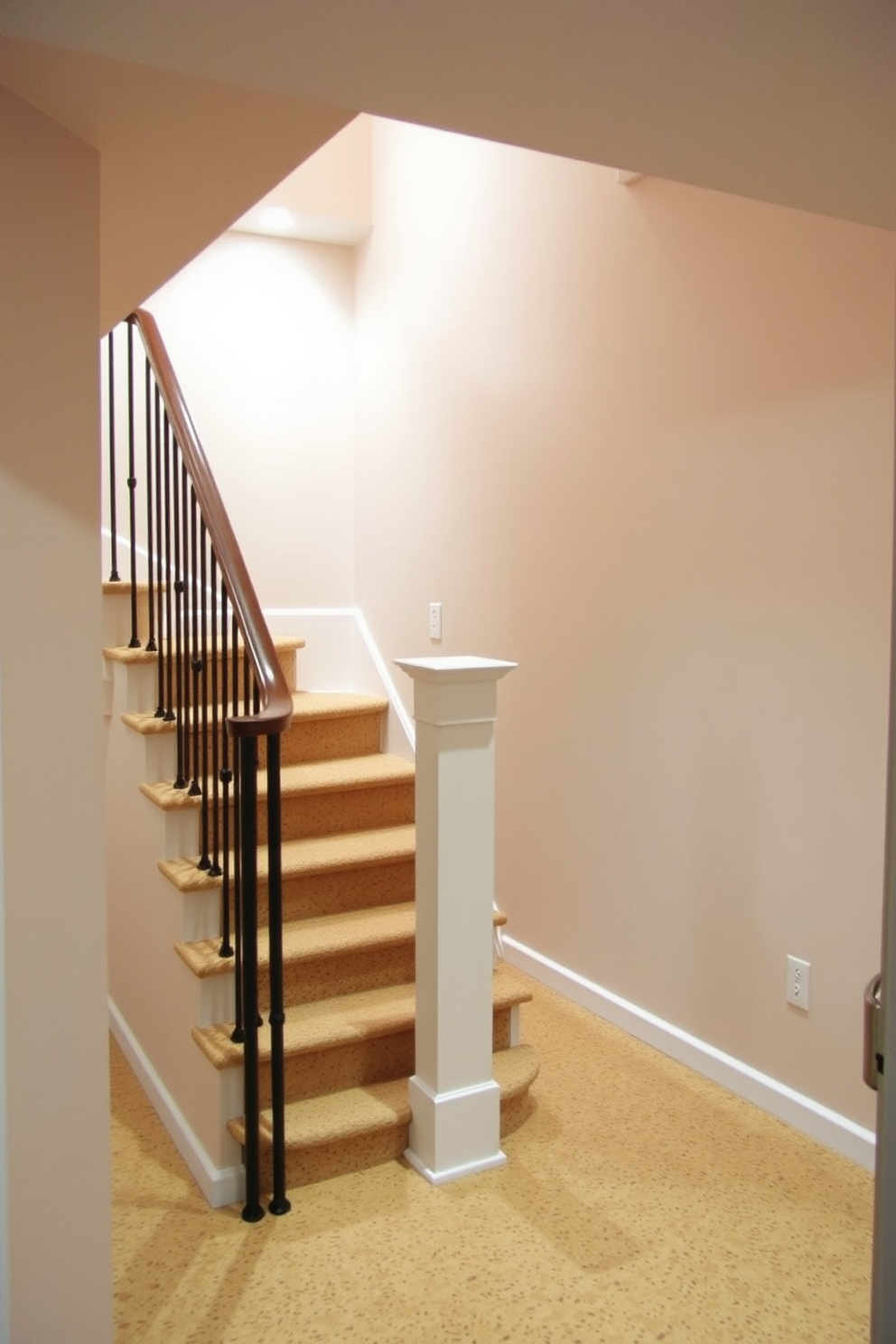 A cozy basement staircase featuring cork flooring that adds warmth and comfort. The staircase is illuminated by soft recessed lighting, highlighting the natural texture of the cork while providing a welcoming atmosphere.