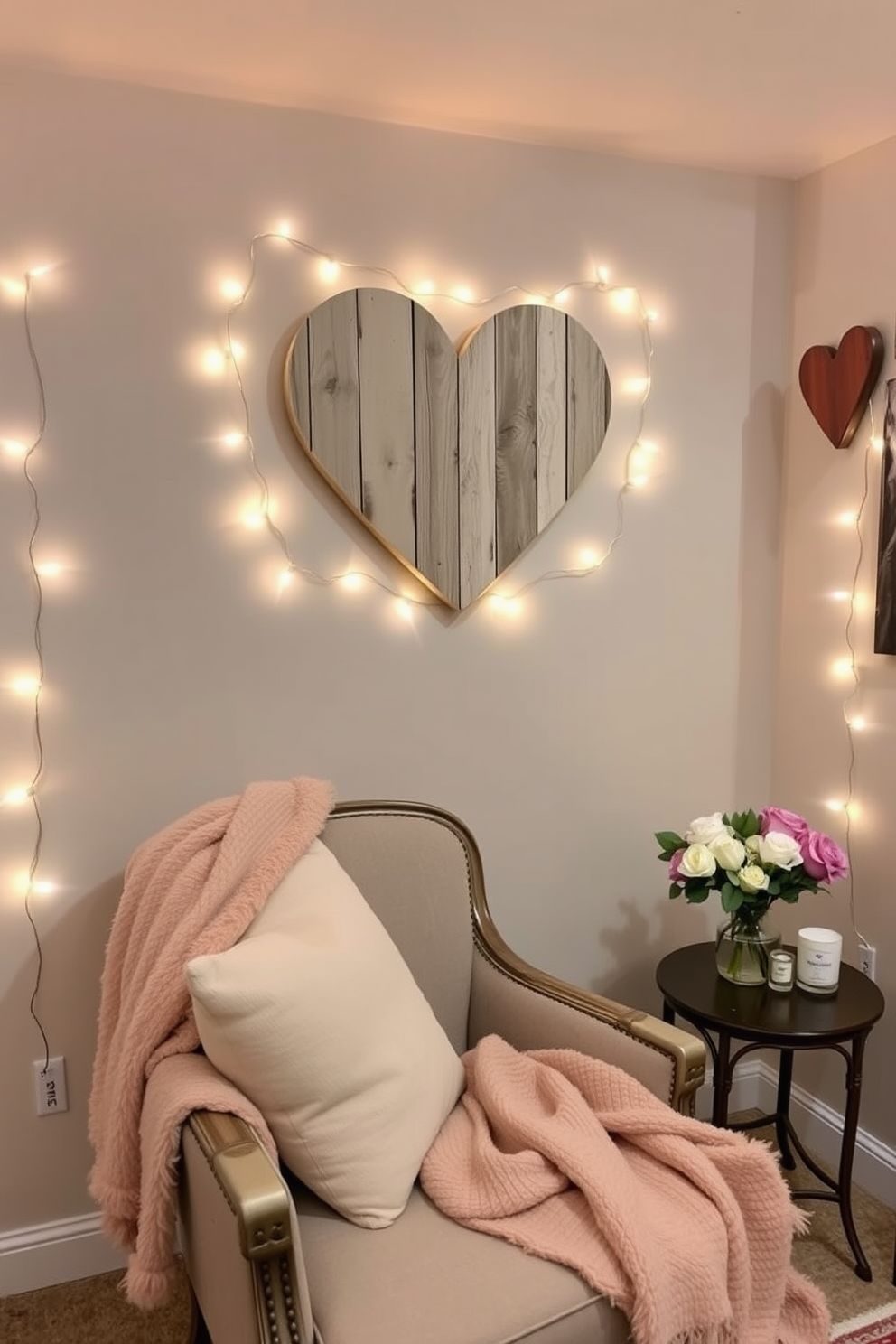 A rustic wooden heart wall art piece hangs prominently on the wall, crafted from reclaimed wood with a distressed finish. Surrounding the heart are soft twinkling fairy lights that create a warm and inviting atmosphere for Valentine's Day. The basement is adorned with cozy elements, including plush throw pillows and a soft blanket draped over a vintage armchair. A small side table holds a scented candle and a vase of fresh flowers, enhancing the romantic ambiance of the space.