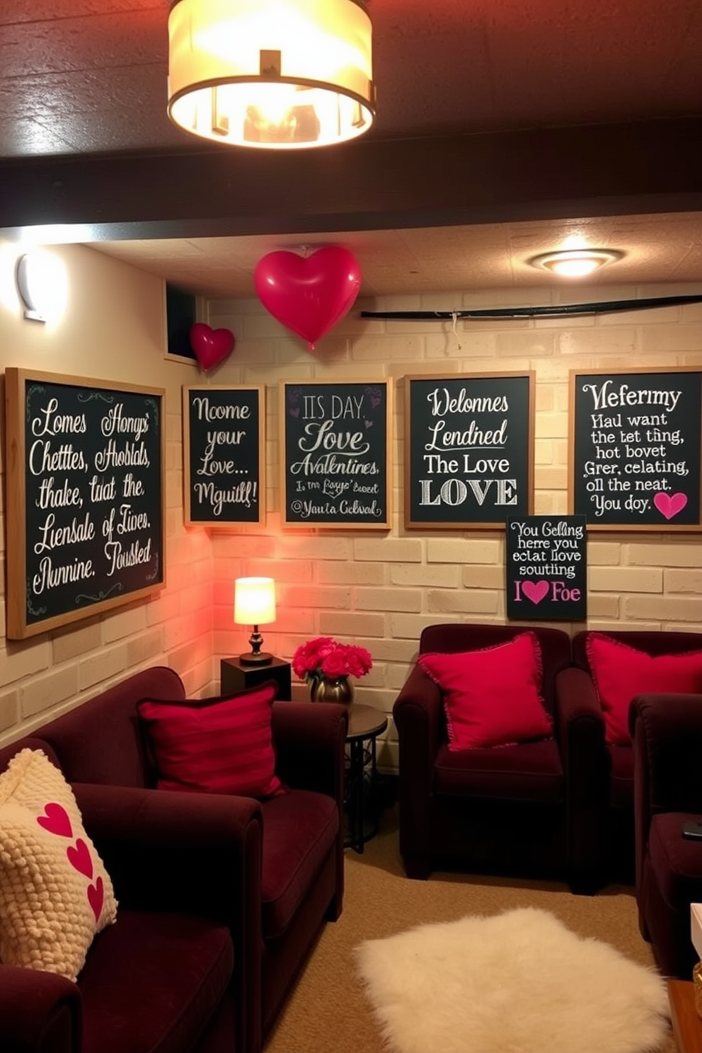 A cozy basement decorated for Valentine's Day features chalkboard signs adorned with love quotes. The warm lighting creates an inviting atmosphere, while plush seating areas are arranged for intimate gatherings.