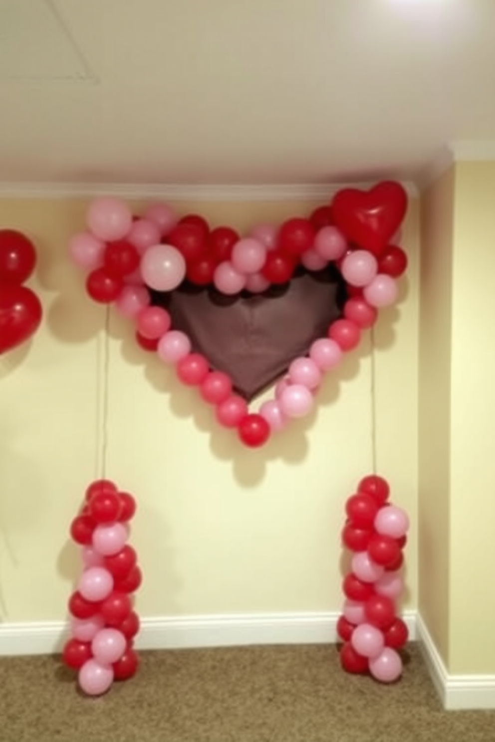 A beautiful basement space decorated for Valentine's Day features a large balloon garland arranged in a heart shape. The garland is composed of red, pink, and white balloons, creating a festive and romantic atmosphere.