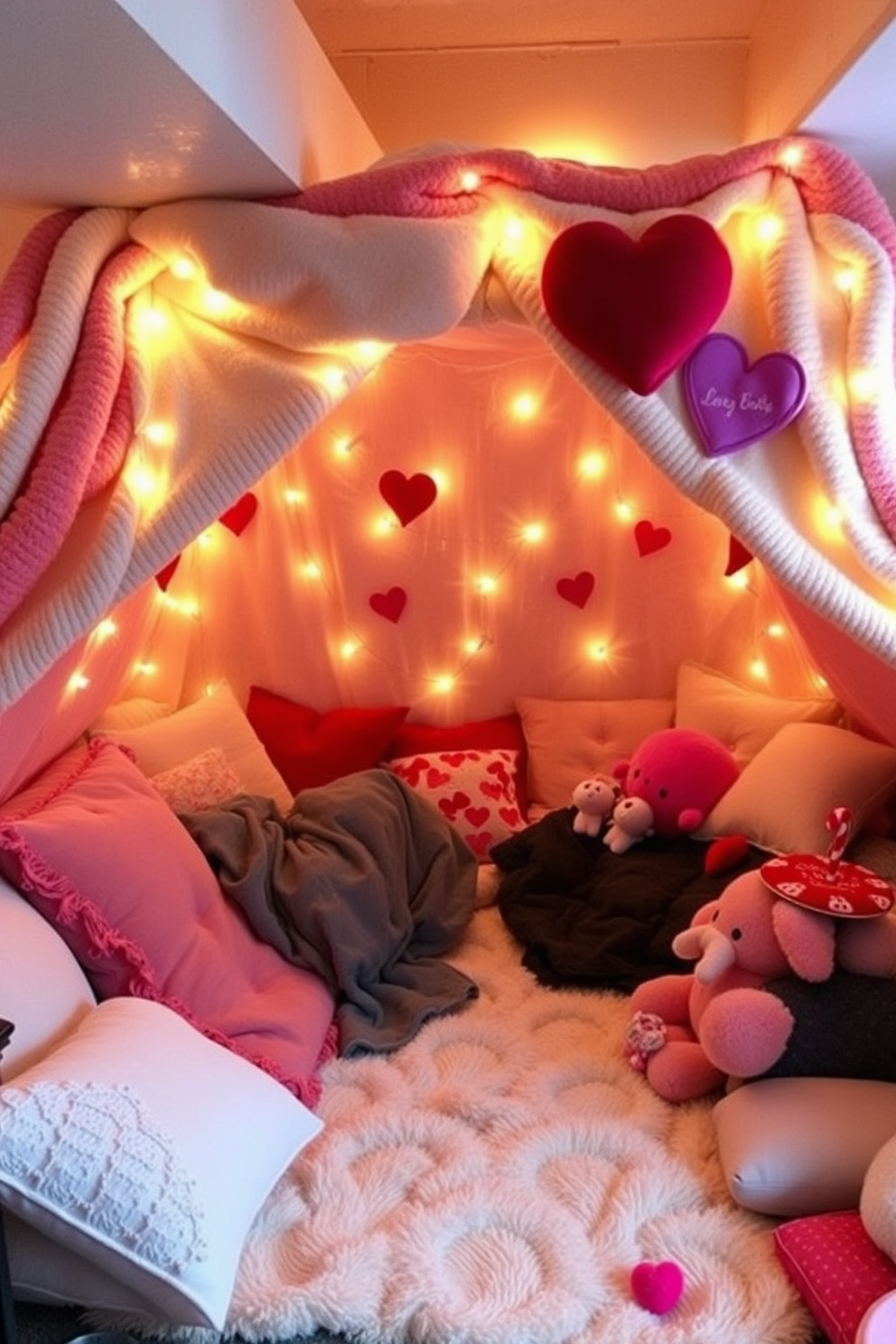 Create a cozy blanket fort in a basement setting filled with soft pillows and warm fairy lights. Use a mix of colorful blankets draped over furniture to create a whimsical and inviting atmosphere for cuddling. Decorate the fort with heart-shaped decorations and Valentine's Day-themed accents. Incorporate plush toys and snacks to enhance the romantic and playful vibe of the space.