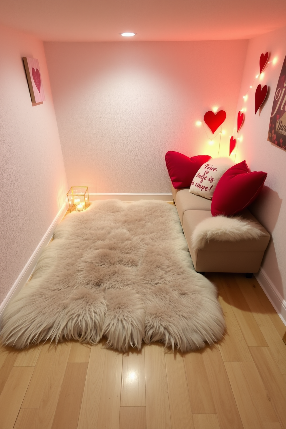 A cozy basement setting adorned with a soft faux fur rug that adds warmth and texture. The space features romantic Valentine's Day decorations, including heart-shaped pillows and soft lighting to create an inviting atmosphere.