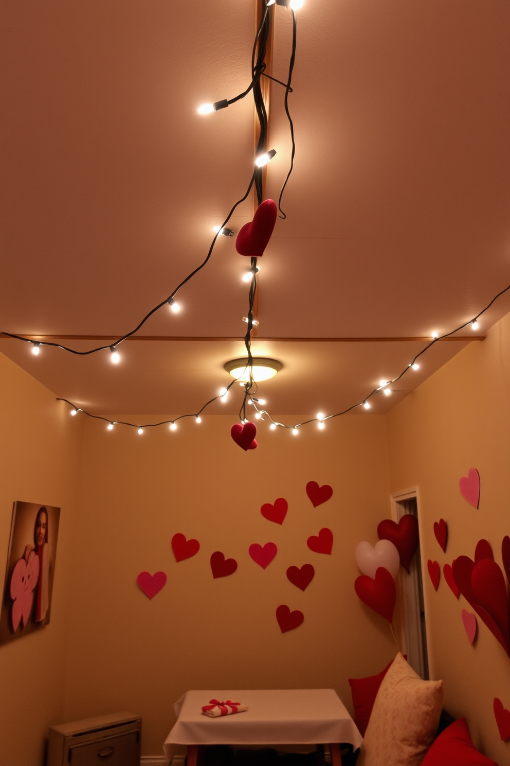 A cozy basement setting decorated for Valentine's Day. String lights drape across the ceiling, illuminating the space with a warm glow, while paper hearts hang playfully from the walls.