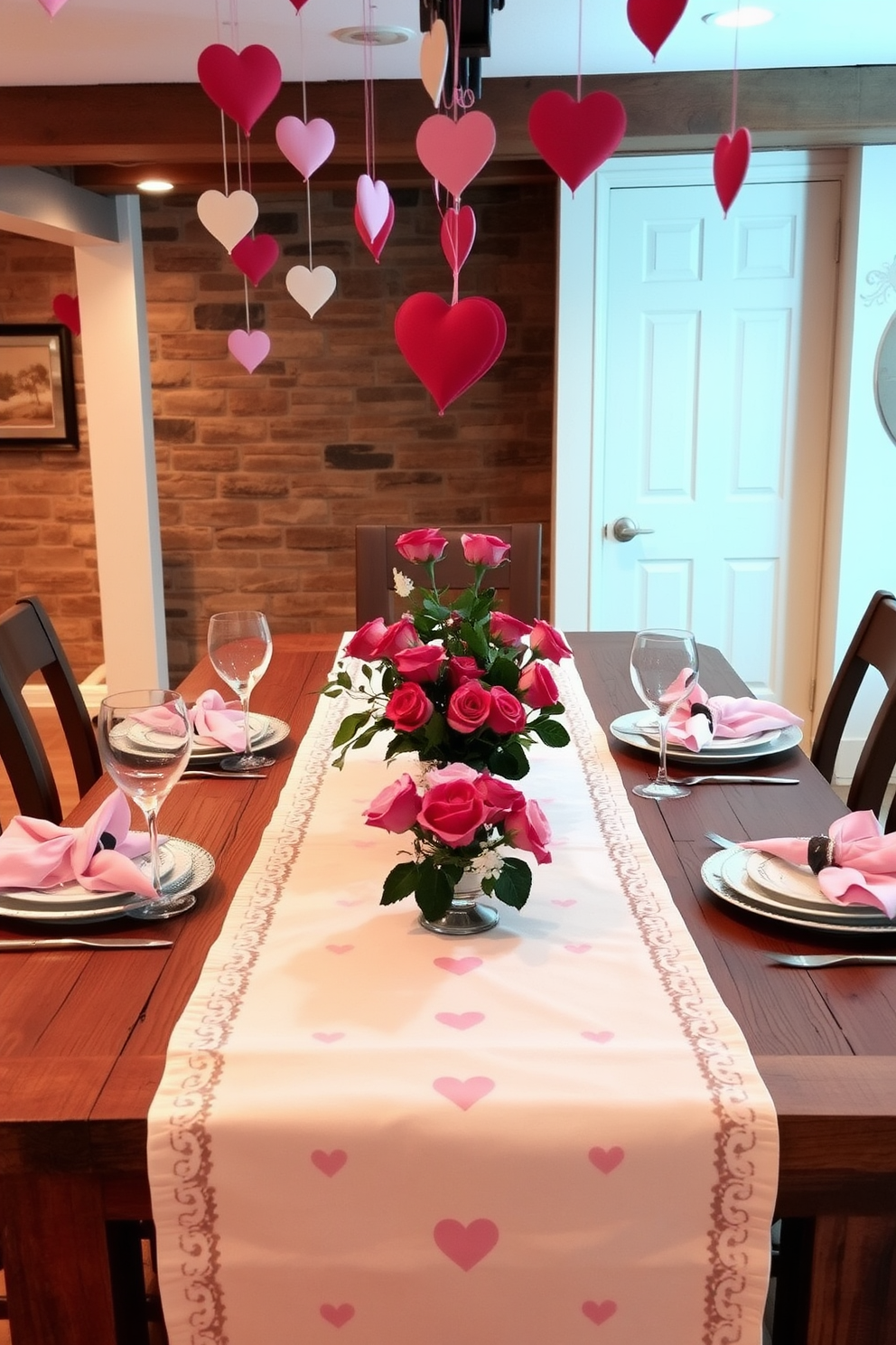 A beautifully themed table runner adorned with delicate hearts stretches across a rustic wooden dining table. Surrounding the table are elegant place settings, complete with fine china and soft pink napkins that complement the romantic theme. In the basement, soft lighting creates a warm ambiance, enhancing the cozy atmosphere for Valentine's Day. Heart-shaped decorations hang from the ceiling, while a charming bouquet of red roses sits in the center, adding a touch of romance to the space.