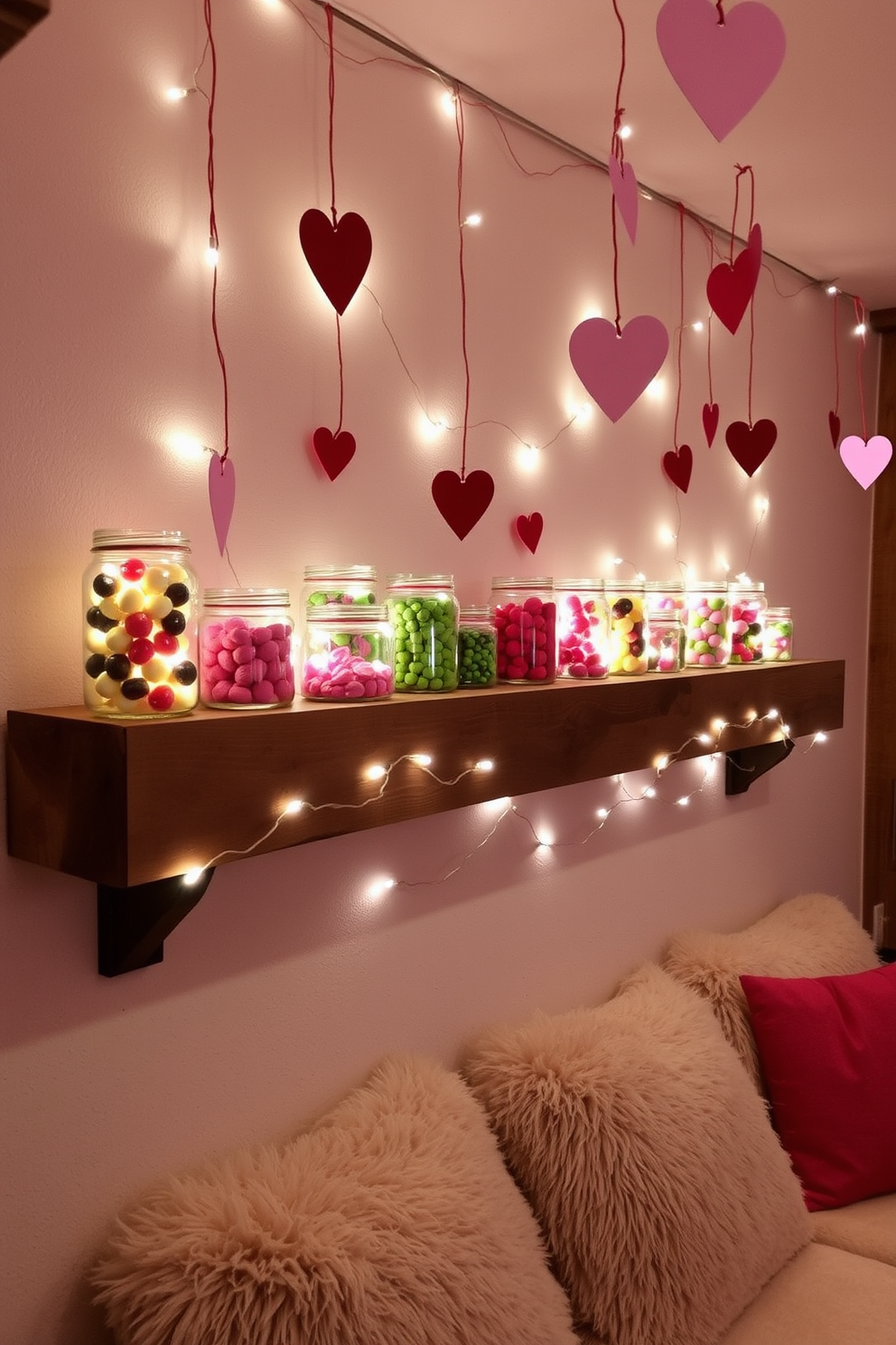 Decorative jars filled with colorful candies are arranged on a rustic wooden shelf in the basement. Soft fairy lights illuminate the jars, creating a warm and inviting atmosphere for Valentine's Day. Heart-shaped decorations hang from the ceiling, adding a playful touch to the space. A cozy seating area with plush cushions invites guests to relax and enjoy the festive decor.