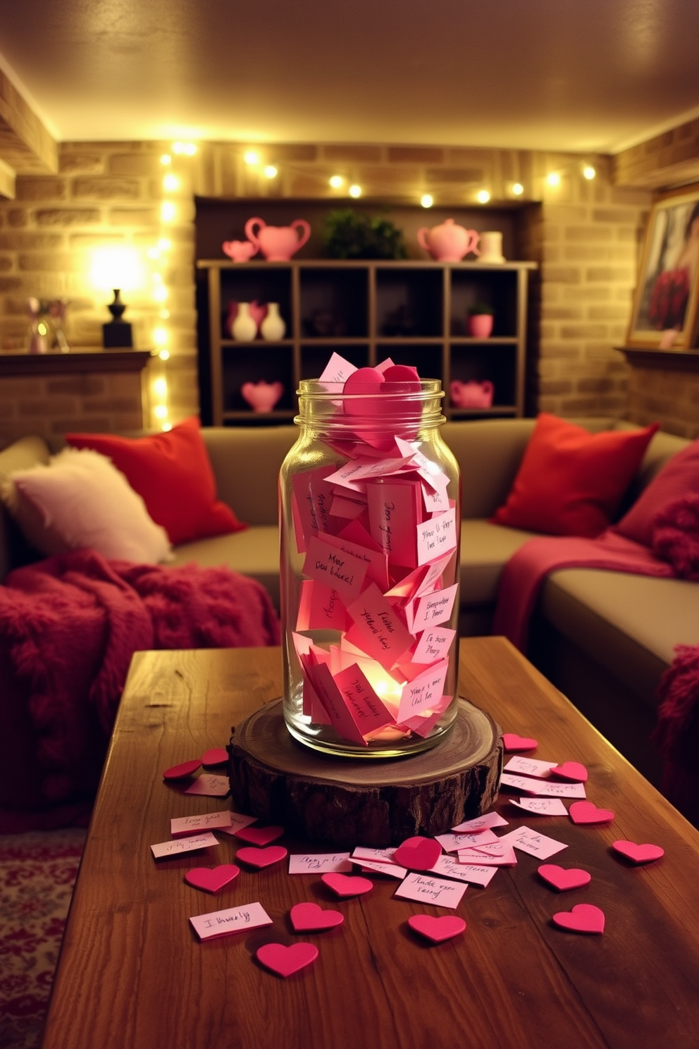 A cozy basement space is transformed into a romantic retreat for Valentine's Day. The focal point is a glass jar filled with personalized love notes, beautifully arranged on a rustic wooden table. Soft, ambient lighting creates an inviting atmosphere, highlighting the warm tones of the decor. Plush cushions and throws in shades of red and pink are scattered across a comfortable seating area, enhancing the overall romantic vibe.