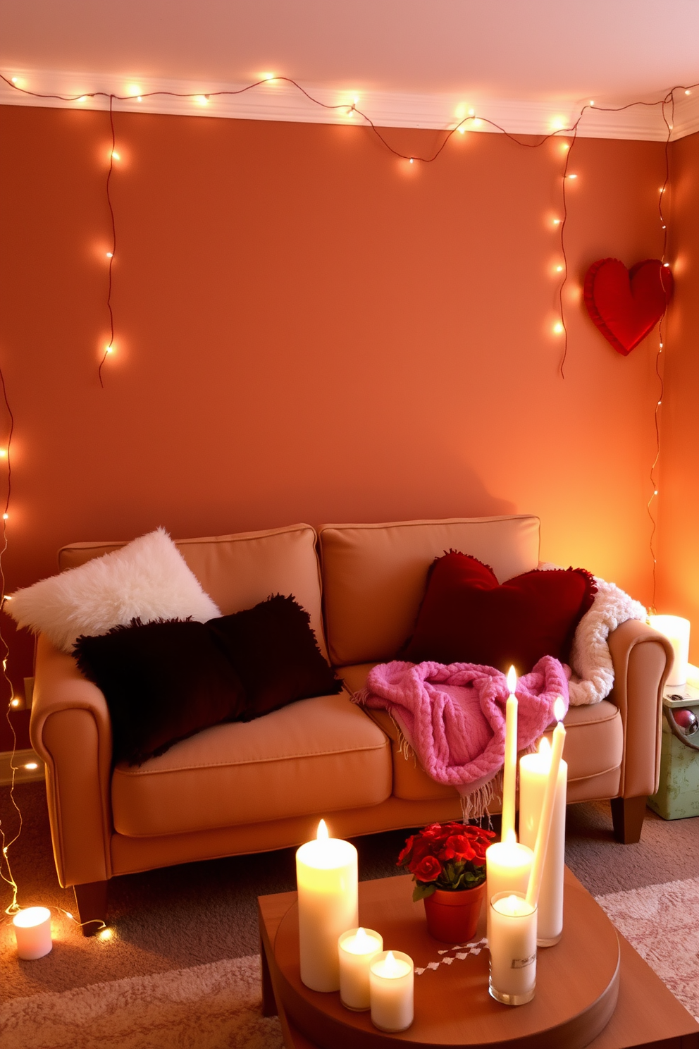 A cozy candlelit seating area perfect for a romantic evening. Plush cushions and soft throws adorn a stylish loveseat, while flickering candles create an intimate ambiance. The walls are painted in warm tones, enhancing the inviting atmosphere. Delicate fairy lights are draped around the space, adding a whimsical touch to the Valentine's Day decor.